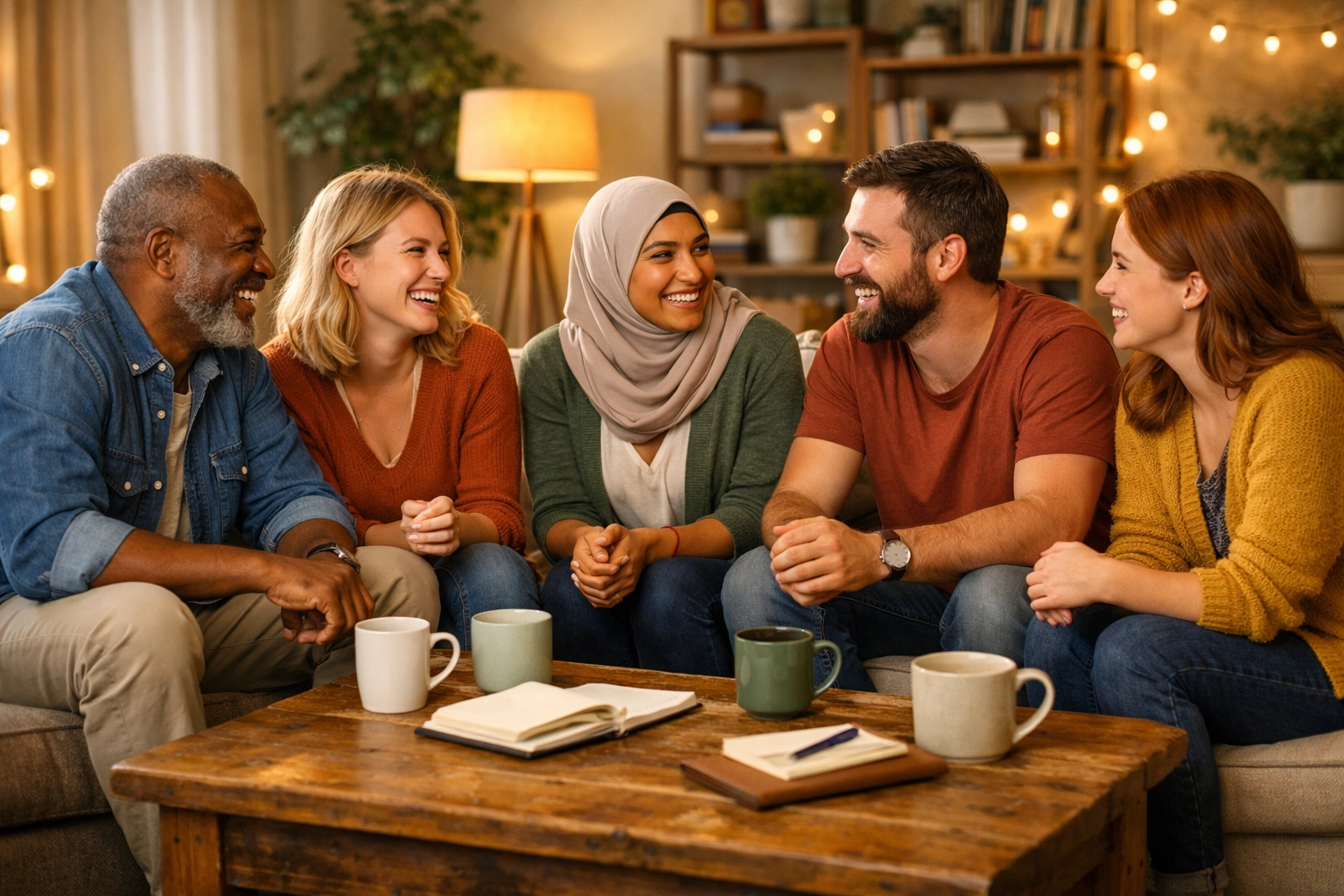 A diverse group of friends sharing conversation in a cozy living room, highlighting the power of community.