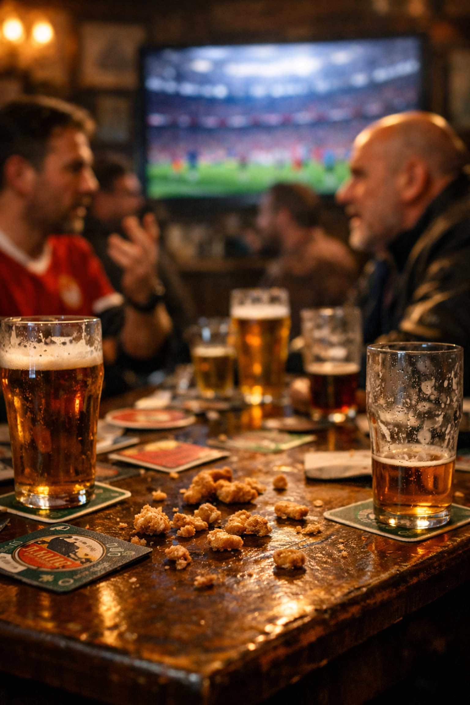 Traditional British pub table with beer mats and football on TV, a perfect setting for rude mugs for men.