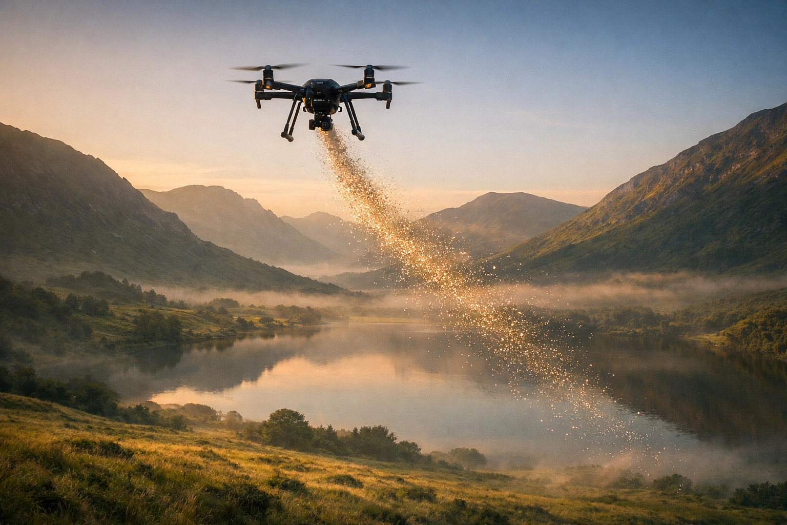 Aerial ashes scattering ceremony over a serene UK mountain landscape at dawn, demonstrating a leave-no-trace memorial.