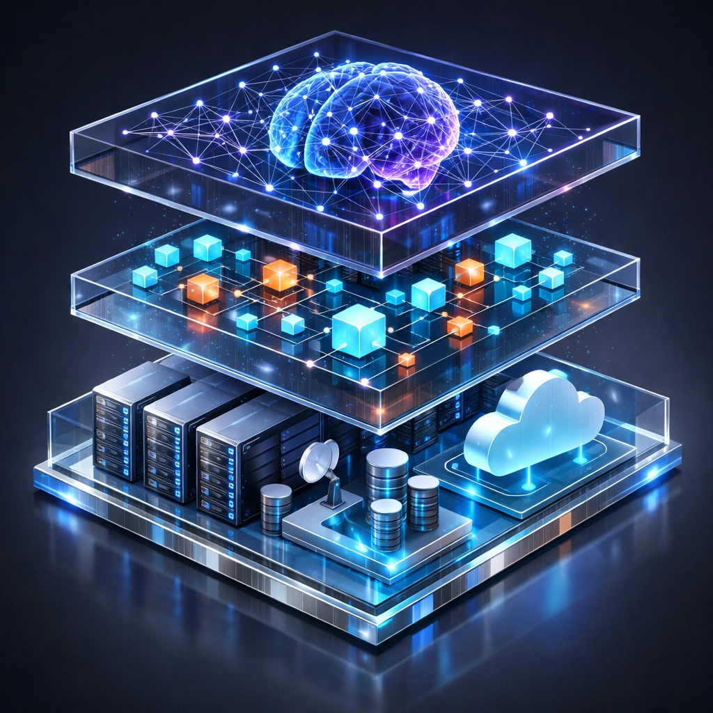 ServiceNow ITOM infrastructure layers visualization with cloud servers and AI-driven configuration management