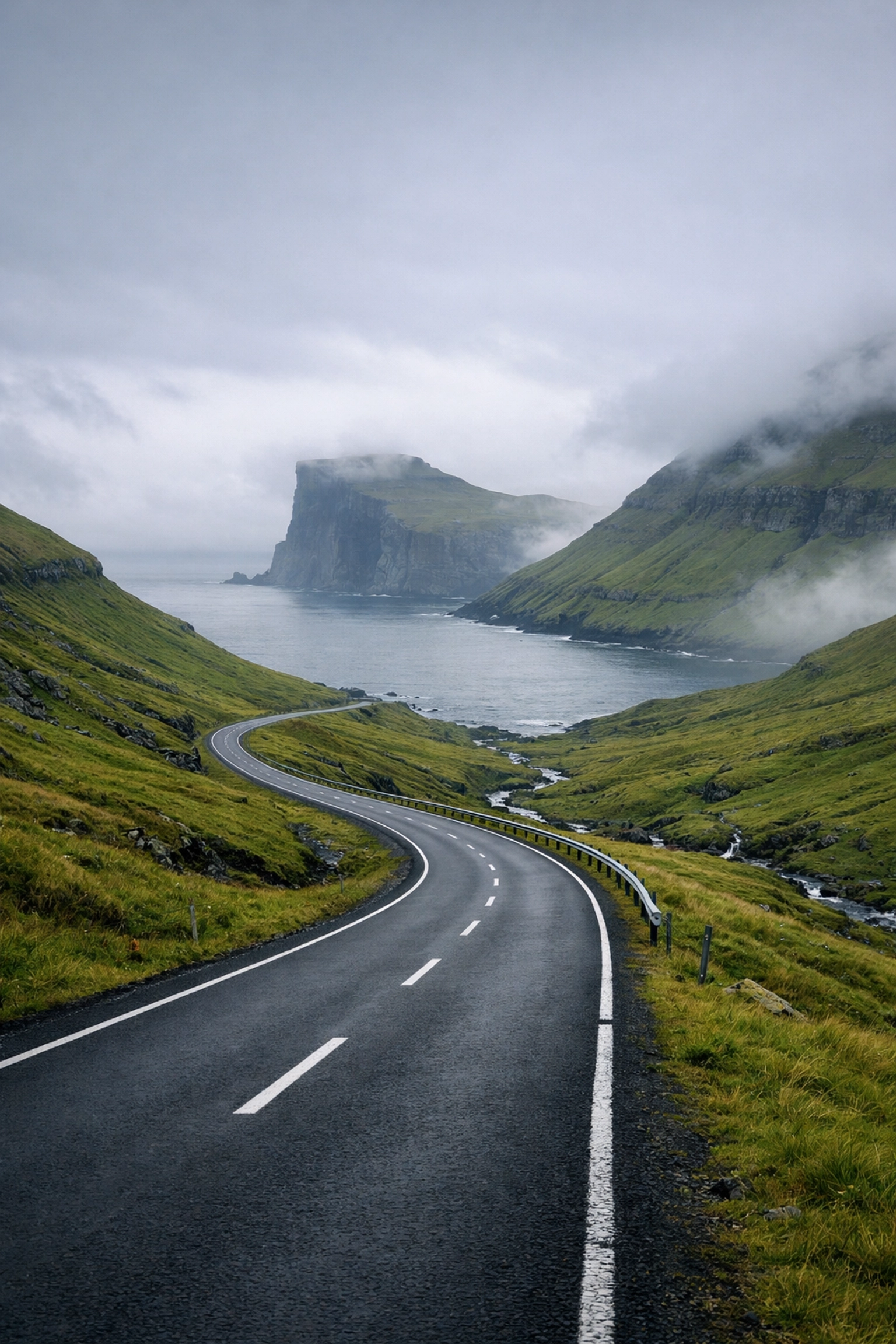 Faroe Islands valley road showing clean composition and leading lines for landscape photography tips.