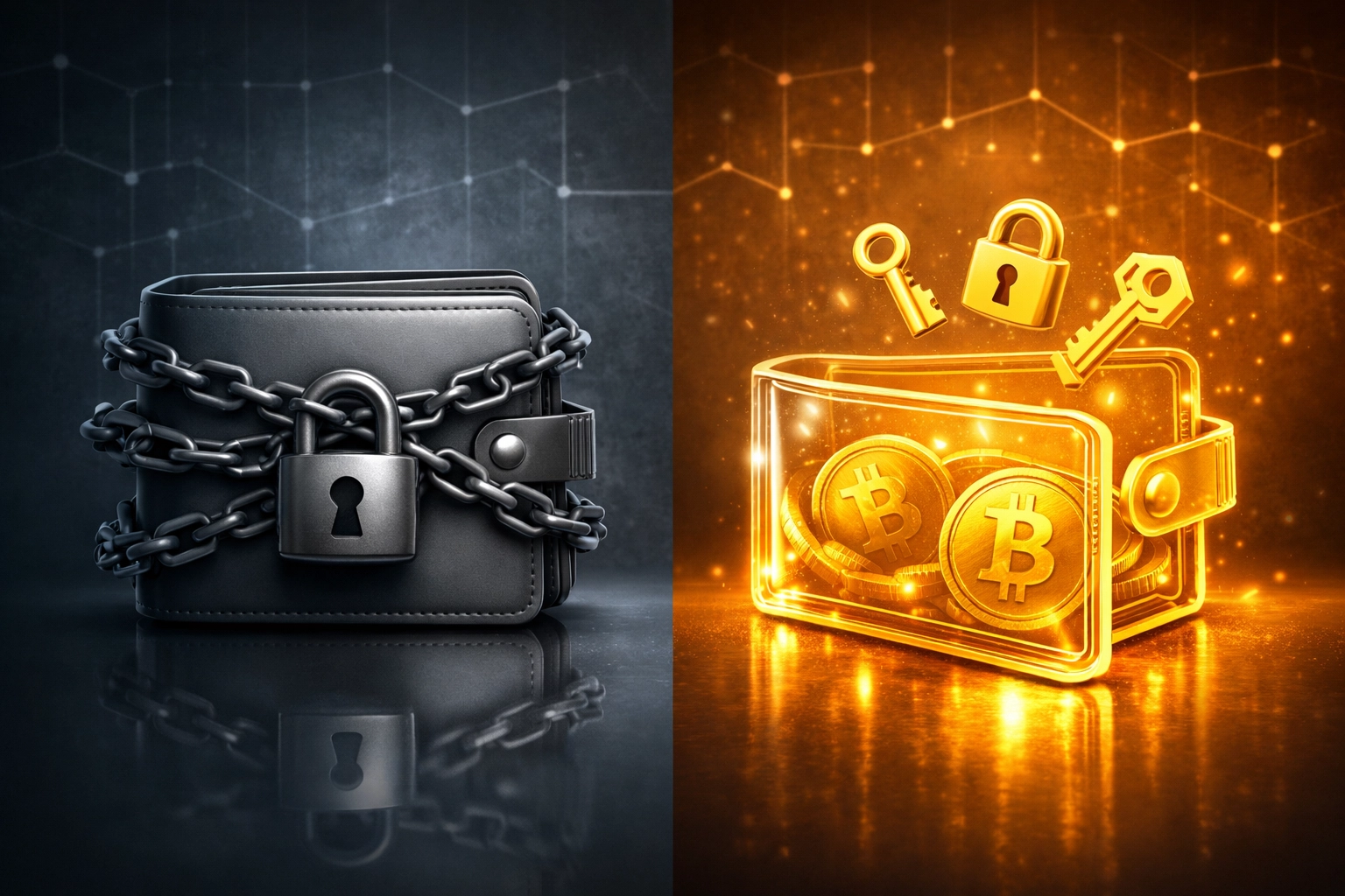 Locked custodial wallet versus open self-custody crypto wallet comparison showing control