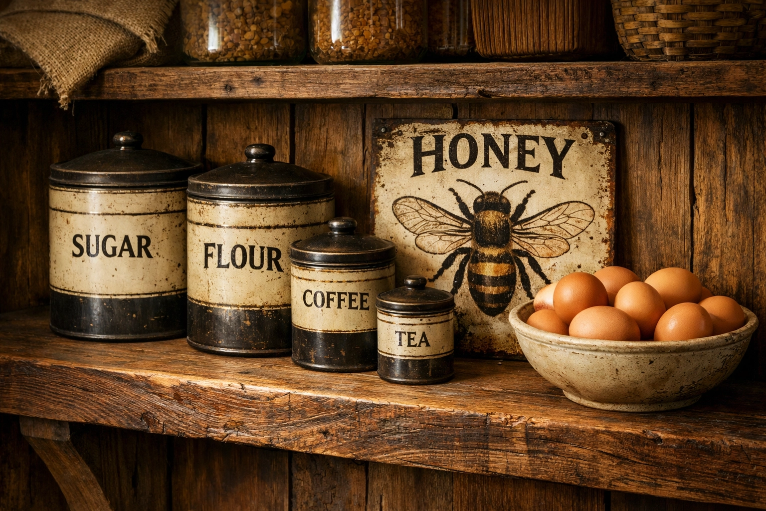 Rustic pantry with handcrafted tin signs and durable farmhouse home accessories.