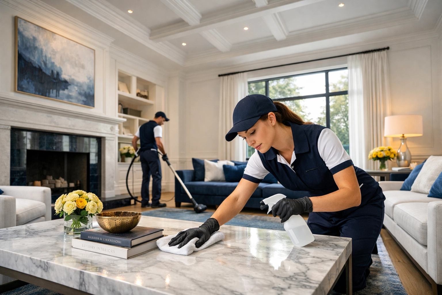 Professional team performing high-end residential cleaning Massachusetts in a luxury Dover living room.