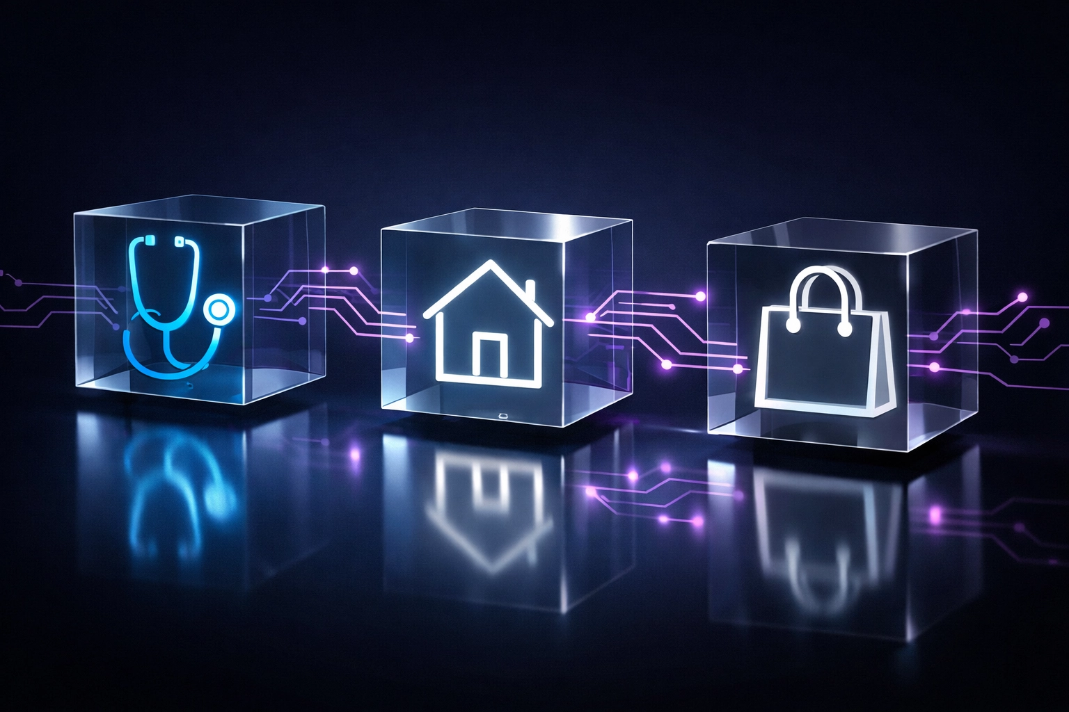 Icons for medical, real estate, and retail businesses connected by a 24/7 AI phone answering service network.