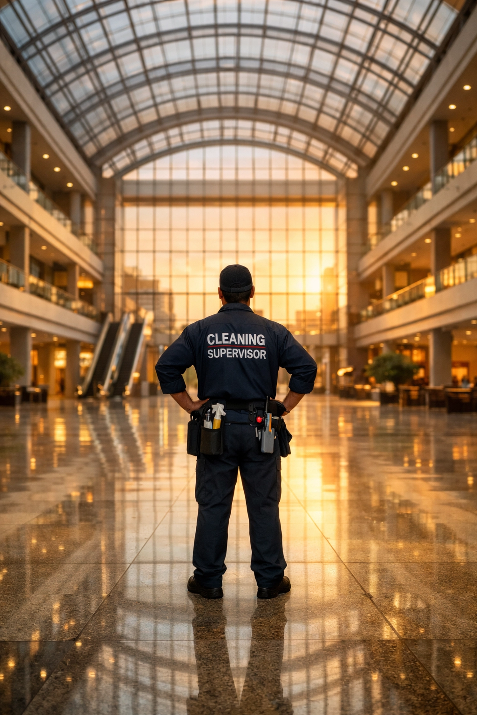 Cleaning supervisor in a large corporate atrium, representing new contracts won with janitorial business loans.