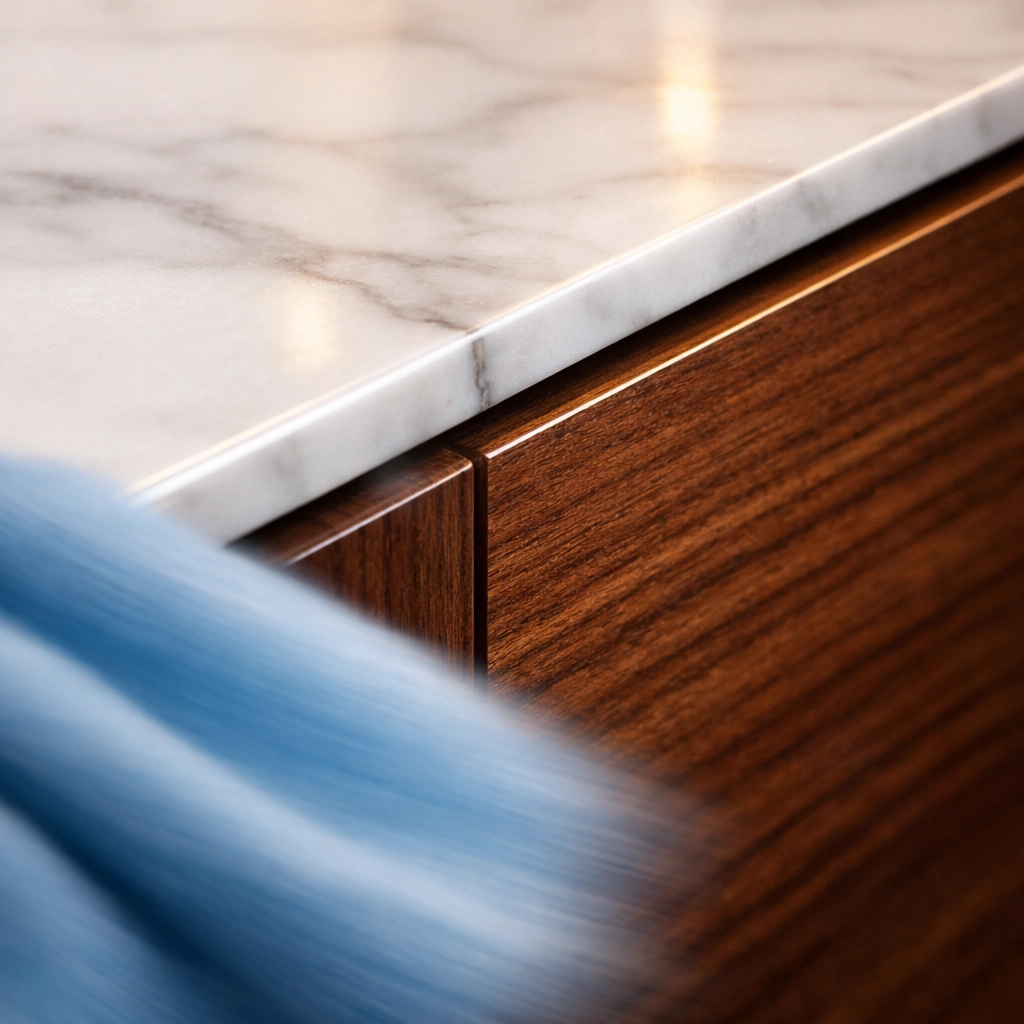 Detailed marble surface care during a premium house cleaning Cambridge MA appointment.