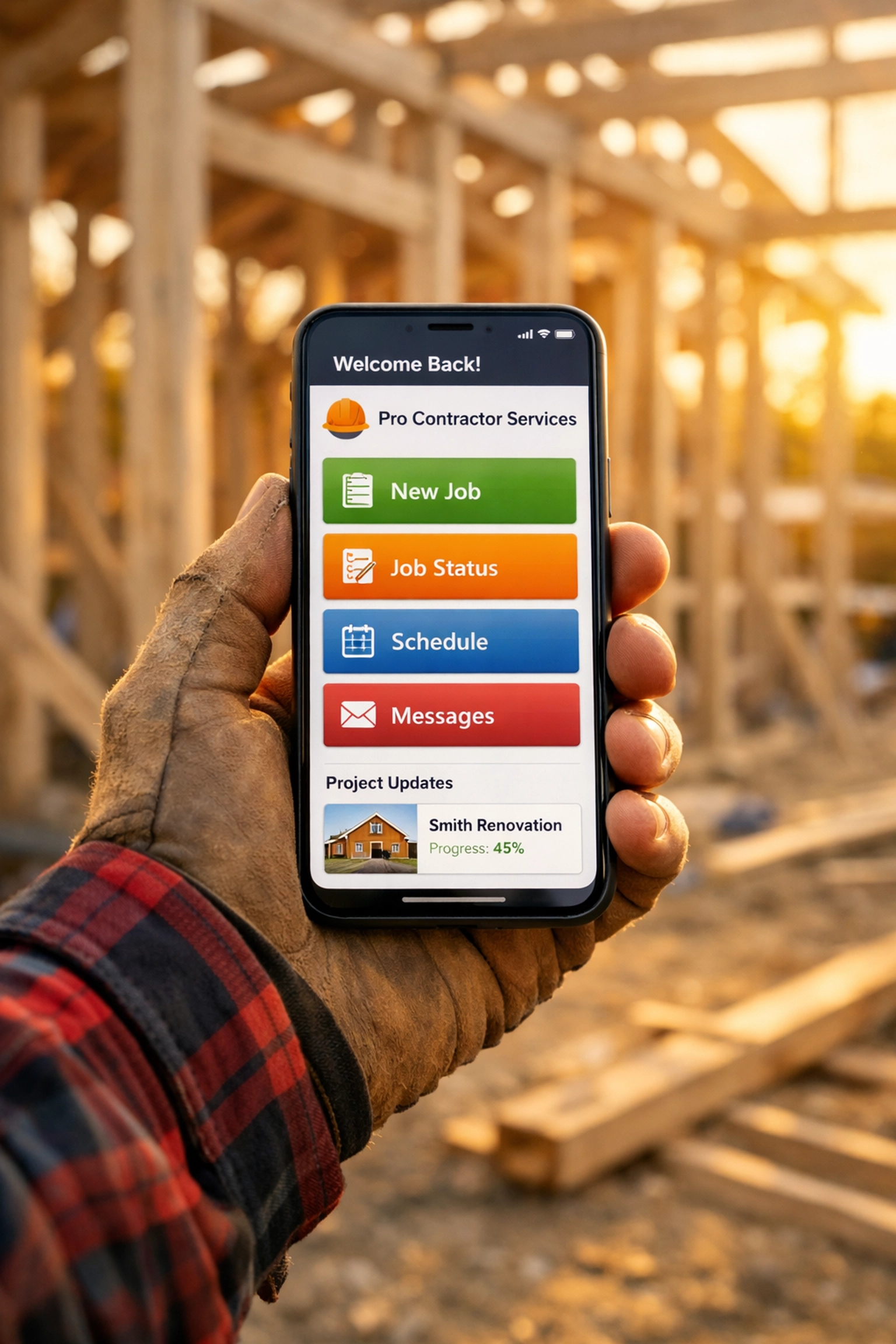 Contractor on a job site using a mobile responsive business website on a smartphone for local services.
