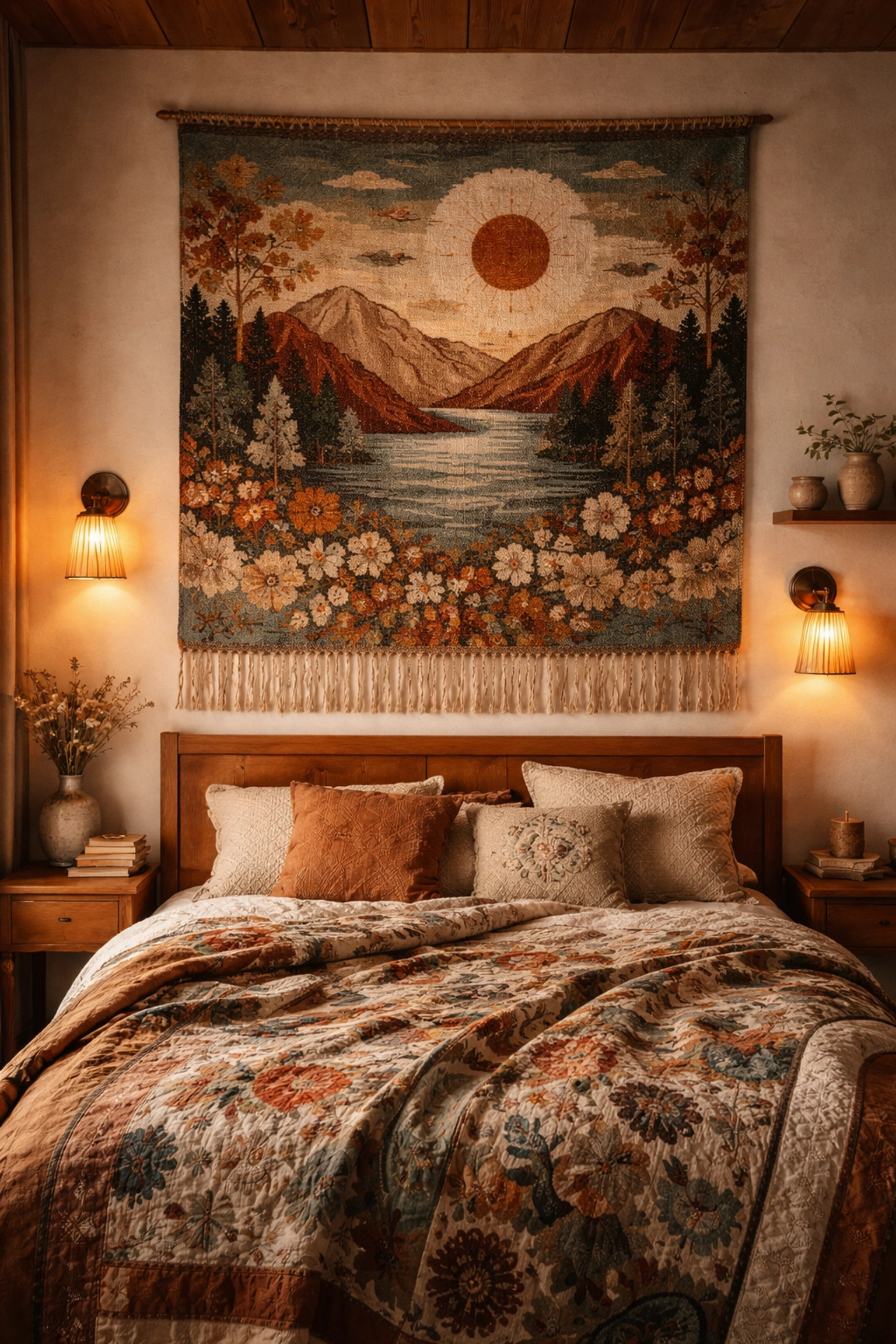 Bohemian bedroom with handwoven tapestry, folk quilt, and wooden headboard, showcasing modern eclectic interior design.