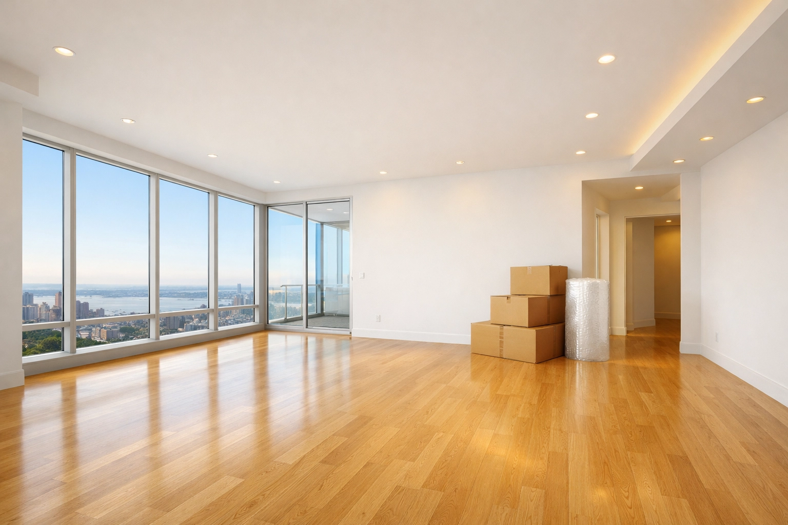 Empty modern apartment with polished hardwood floors after a professional move-out cleaning service.