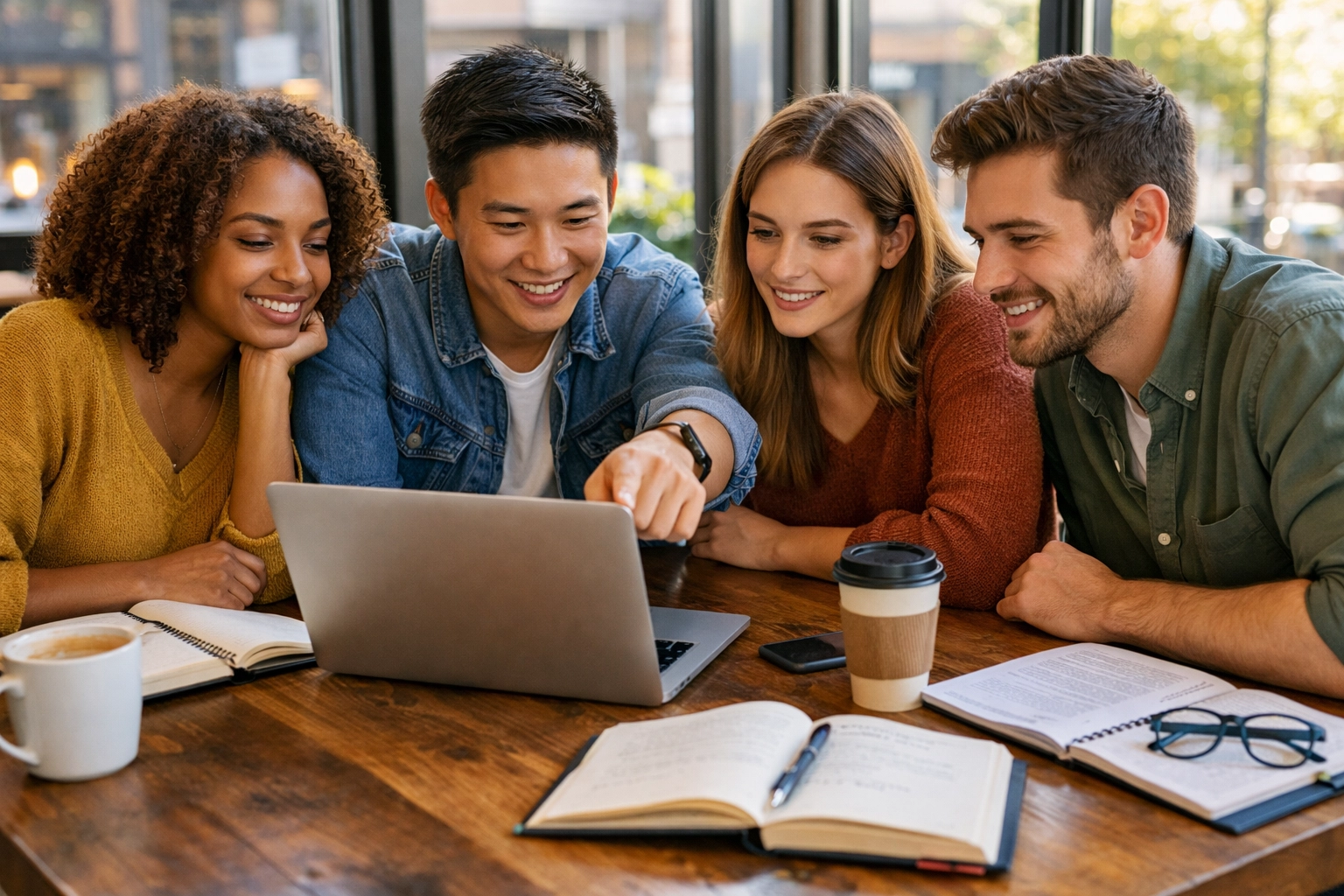 Group of working professionals studying for CLEP and DSST exams together at coffee shop