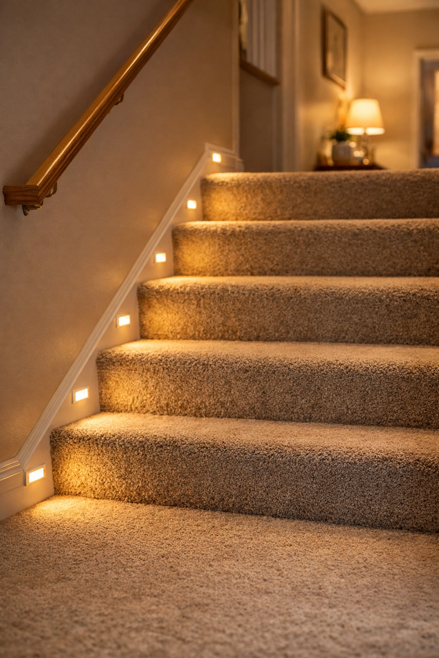 Motion-sensing LED night-lights installed at foot level on stairs for safe nighttime navigation.