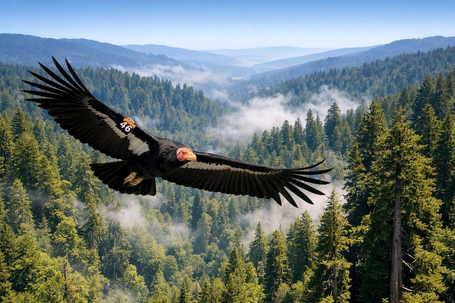 A California condor soaring over Redwood National Park after successful zoo breeding and release.
