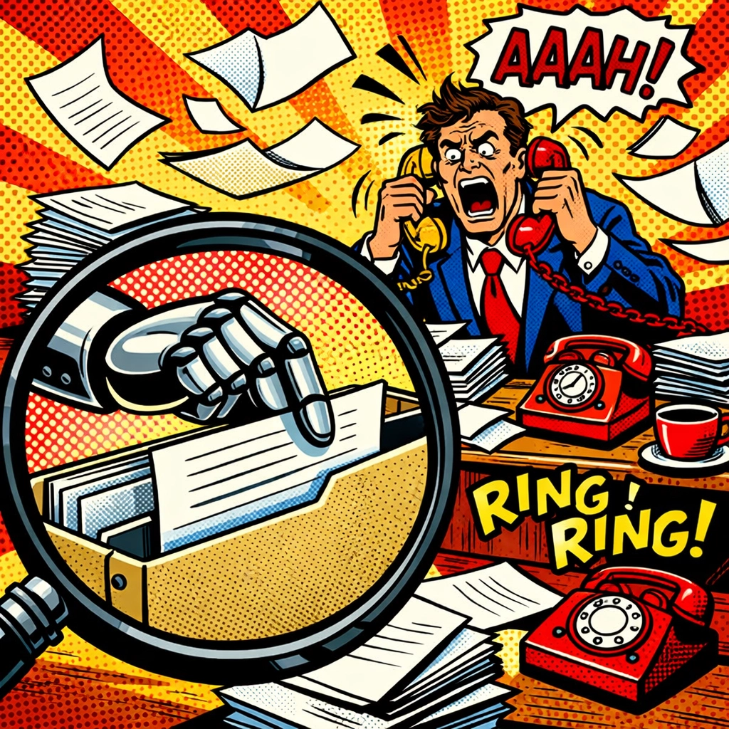 AI business automation tool helping a stressed owner organize data entry and repetitive office tasks.