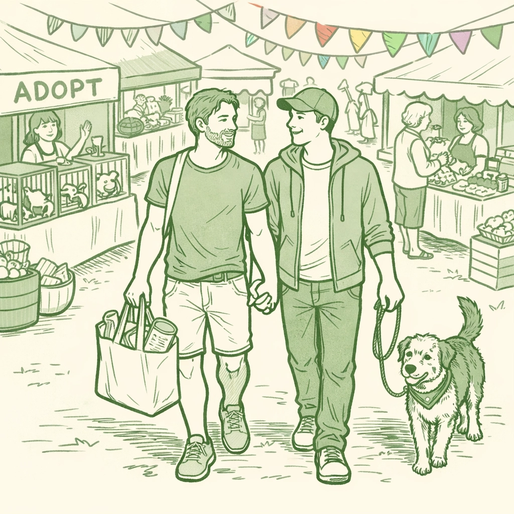 Gay couple shopping at Gay Village pet marketplace with adopted rescue dog