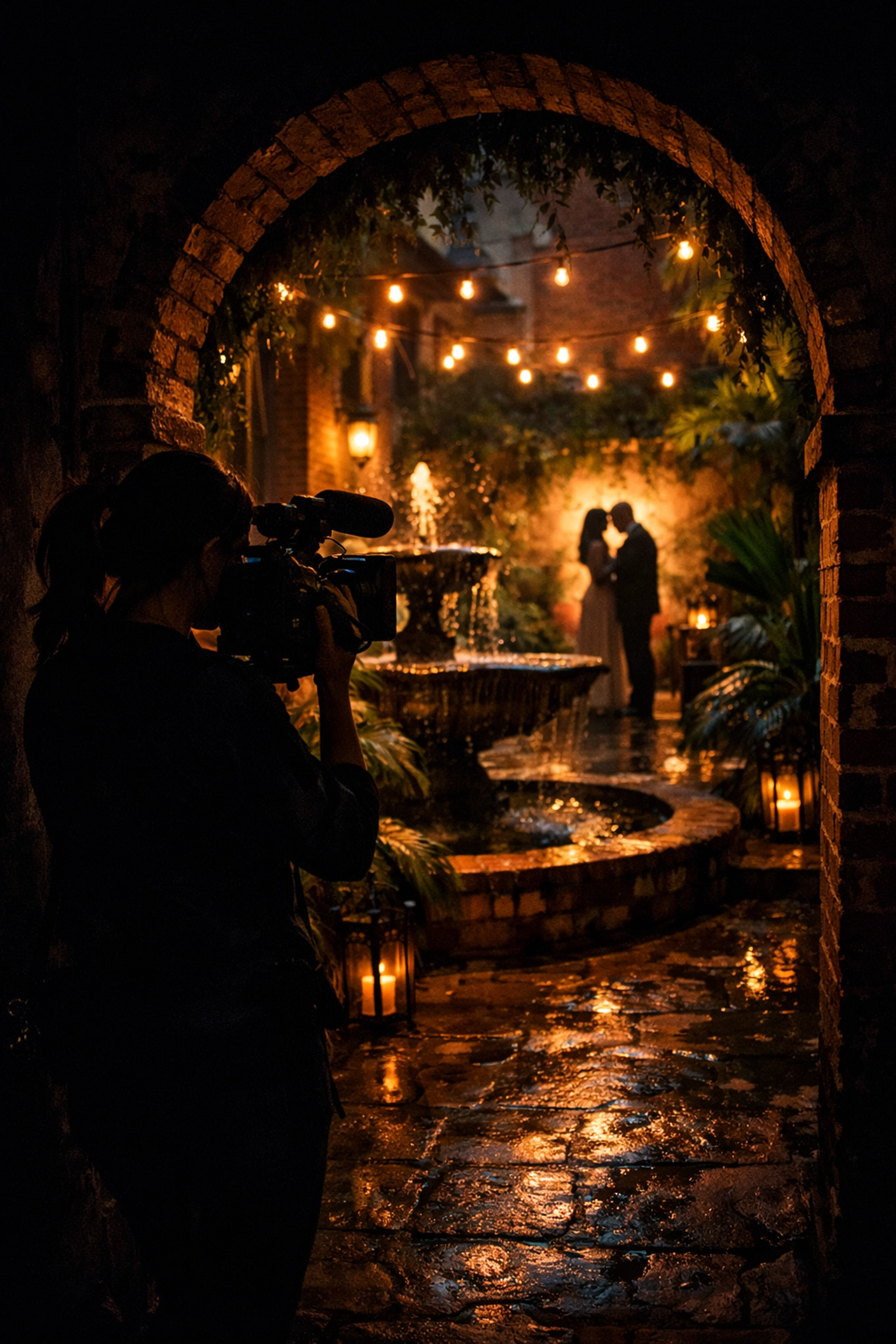 Wedding videographer filming couple in intimate French Quarter courtyard with string lights