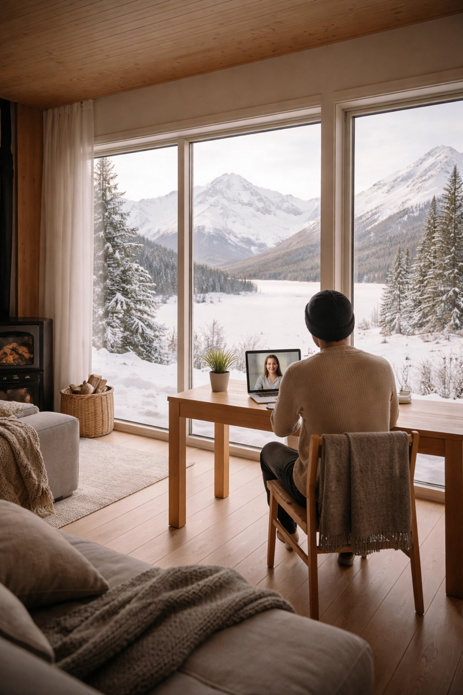 Individual using a laptop for a video notary session in a bright Alaskan cabin, highlighting RON accessibility for rural areas