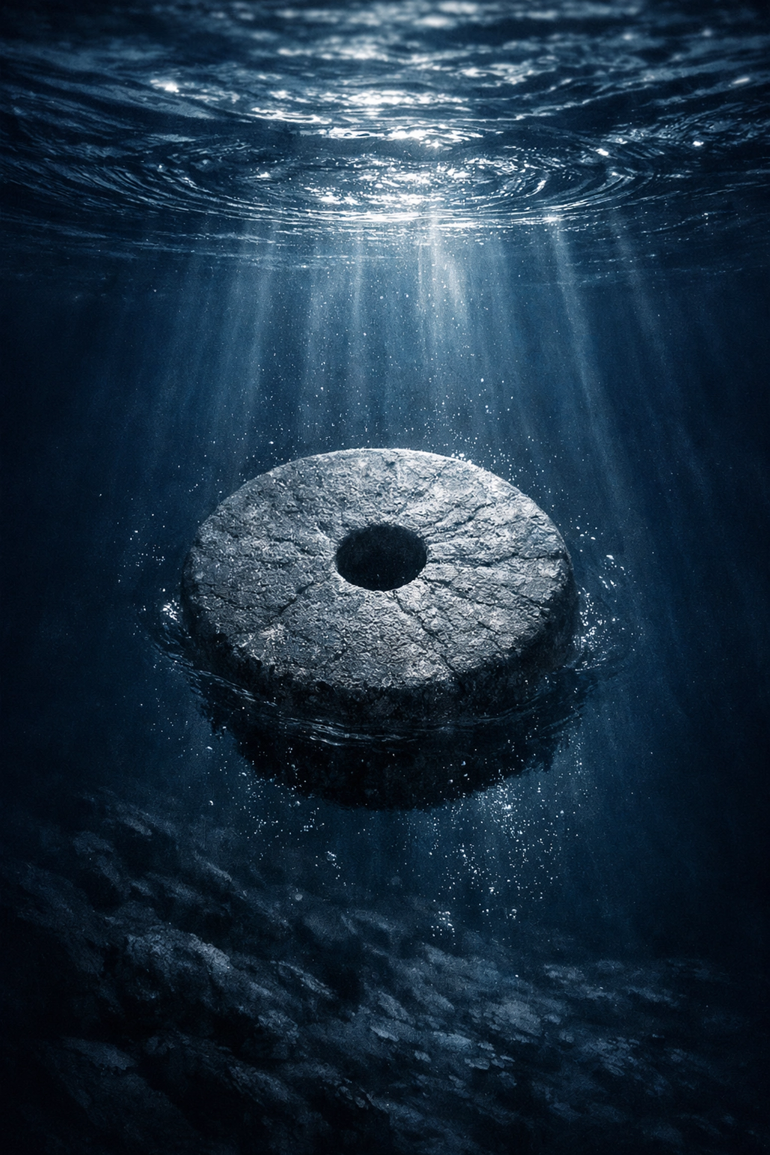 Millstone sinking in water representing biblical justice and consequences