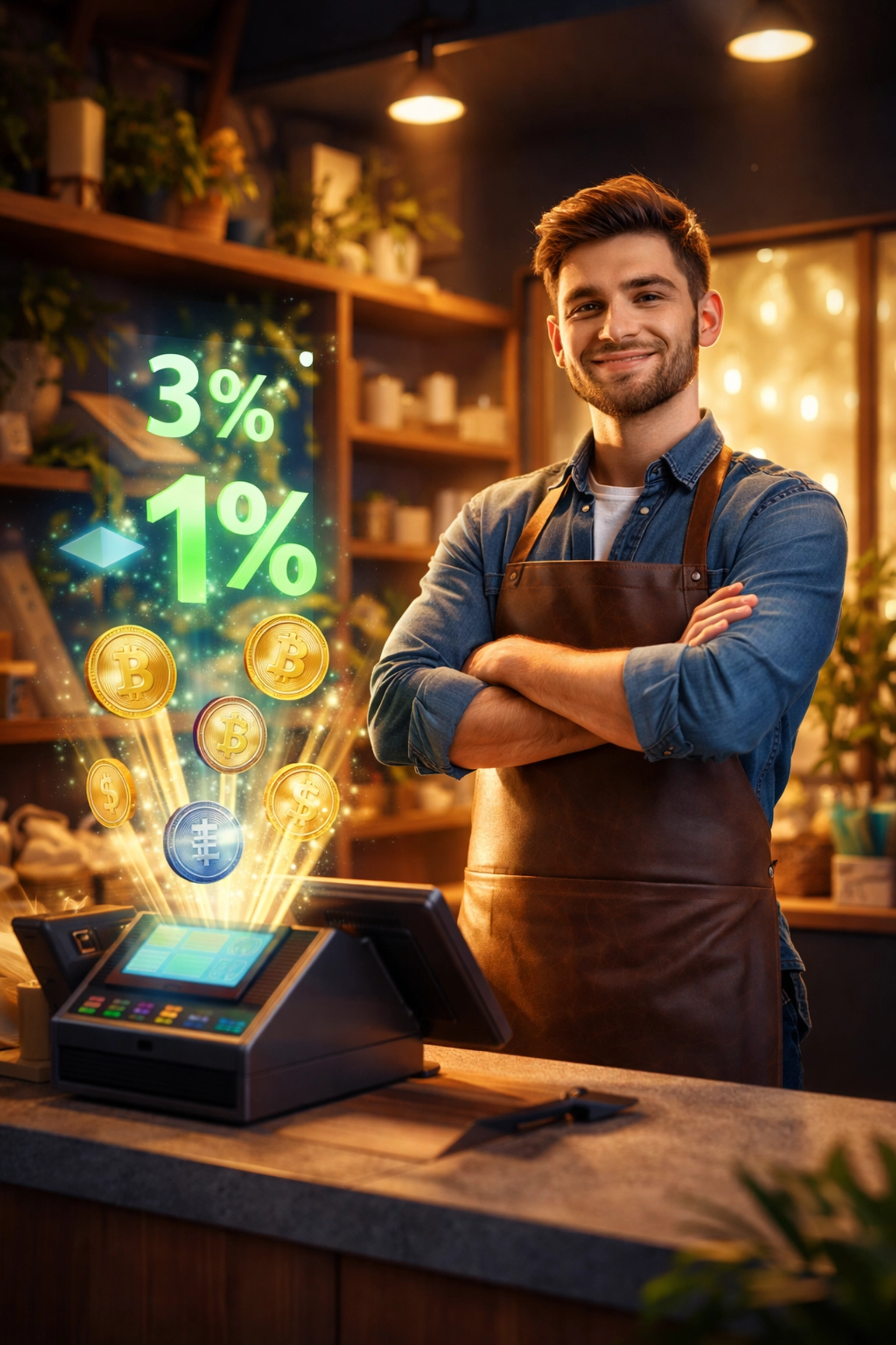 Small business owner at a POS counter saving on fees, with crypto coins and dollar signs highlighting lower costs with Larecoin.