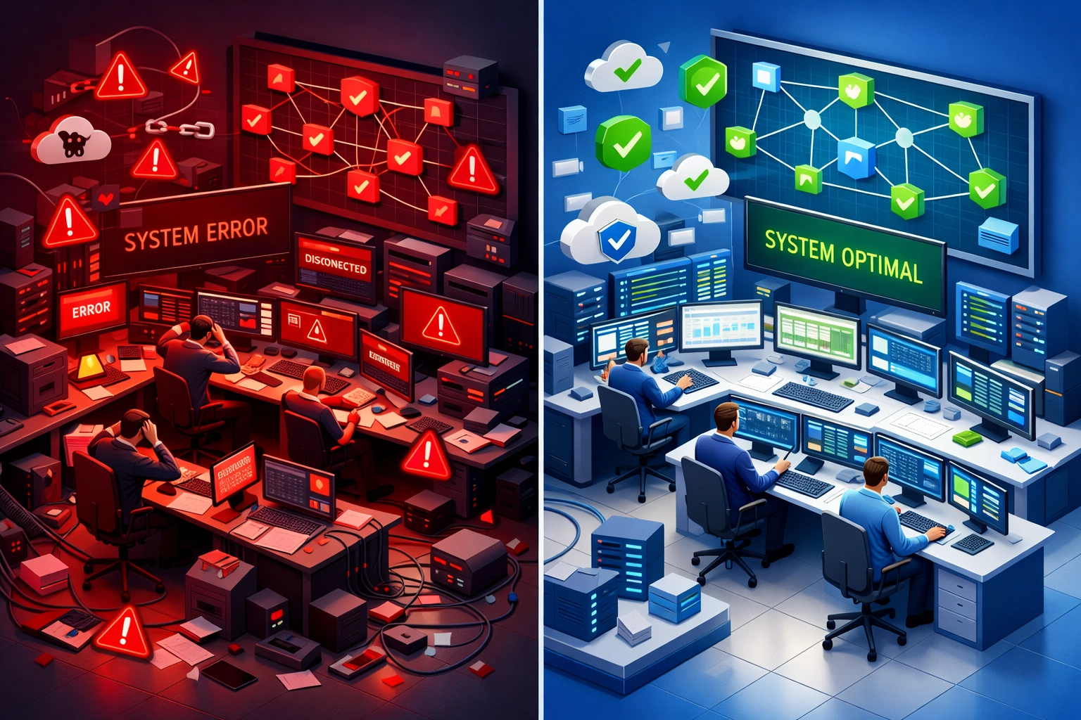 Chaotic ITOM implementation versus organized ServiceNow ITAM deployment with connected infrastructure