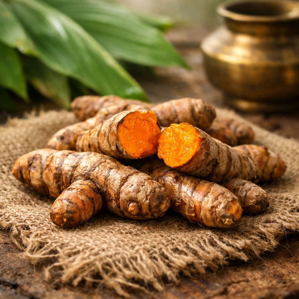 Fresh Kerala turmeric rhizomes harvested from the soil, showing a vibrant orange interior.