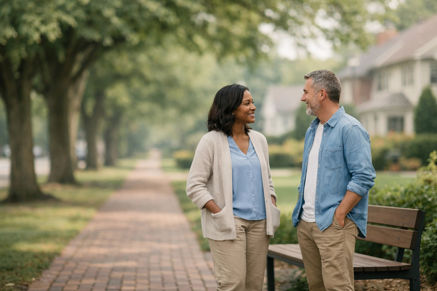 Neighbors talking on a scenic, brick-lined sidewalk in a lush Shaker Heights neighborhood.