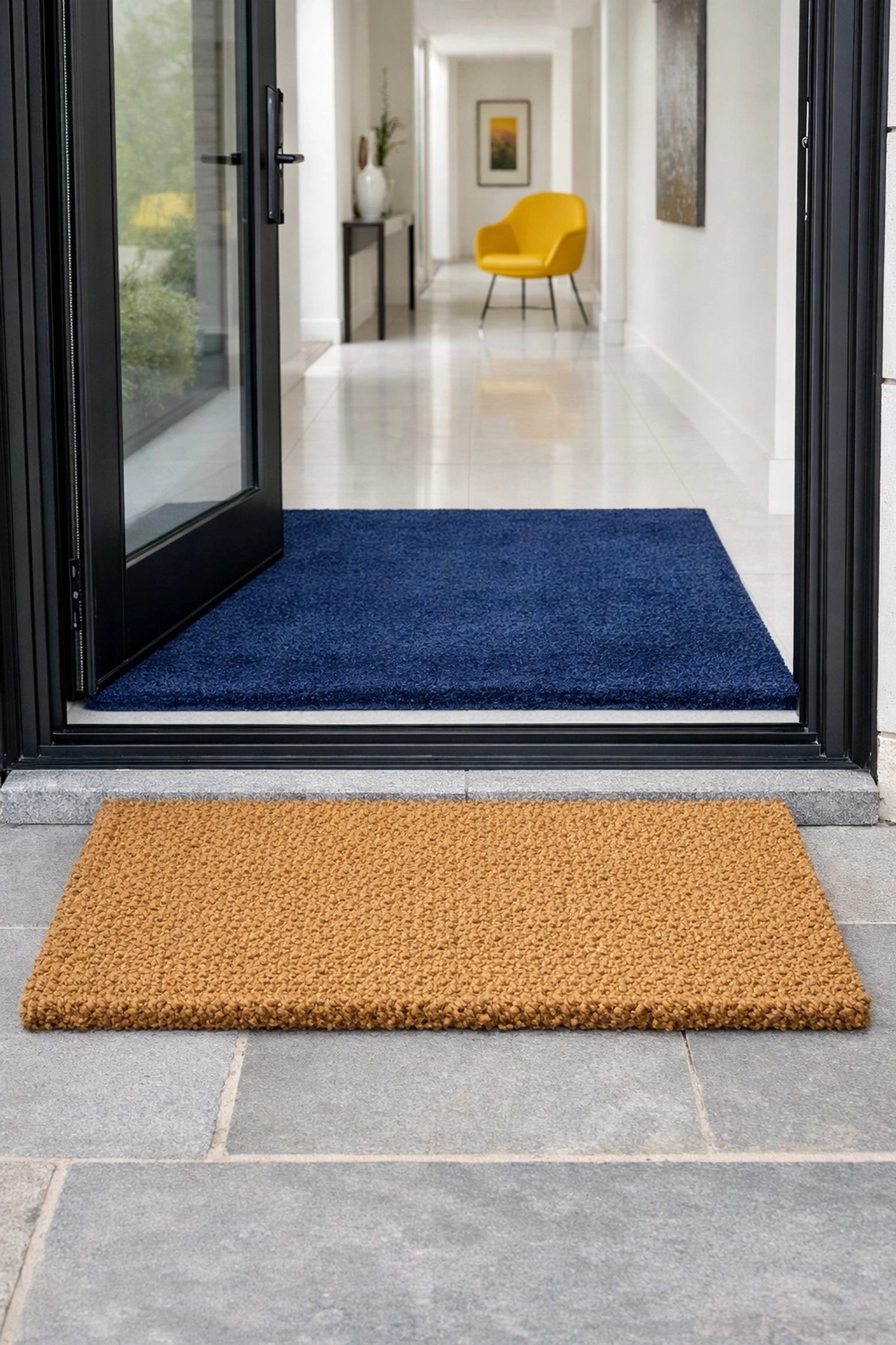 Entryway defense system featuring an outdoor coir mat and an indoor absorbent mat to trap dirt.