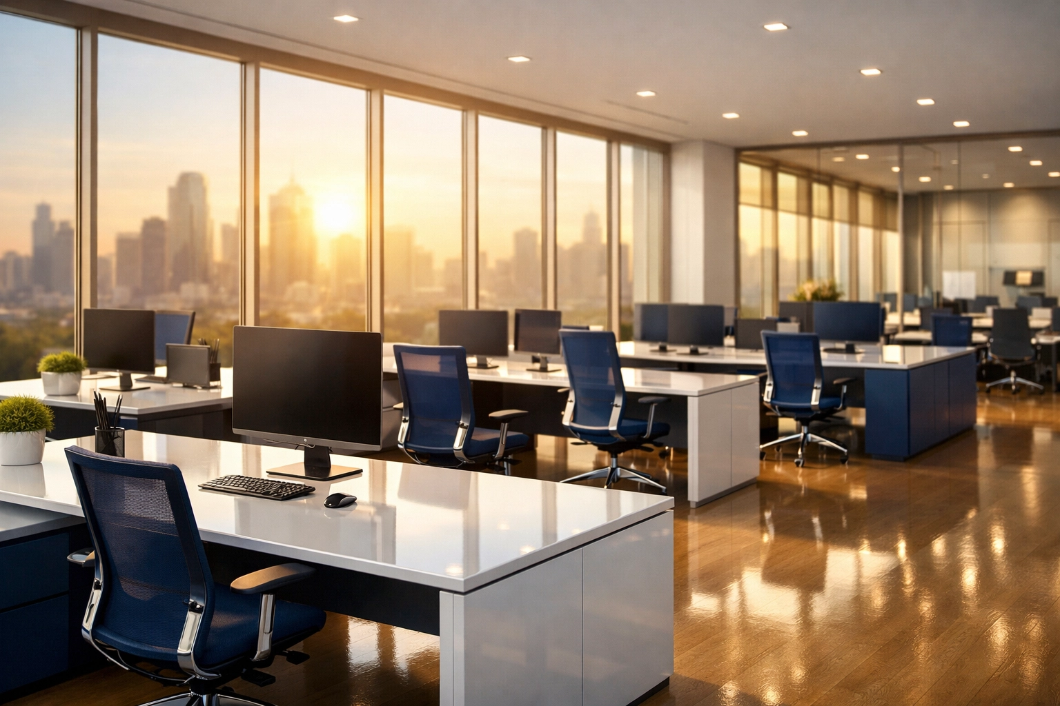 Sunlit modern office in Framingham with clean desks and professional furniture for corporate success.