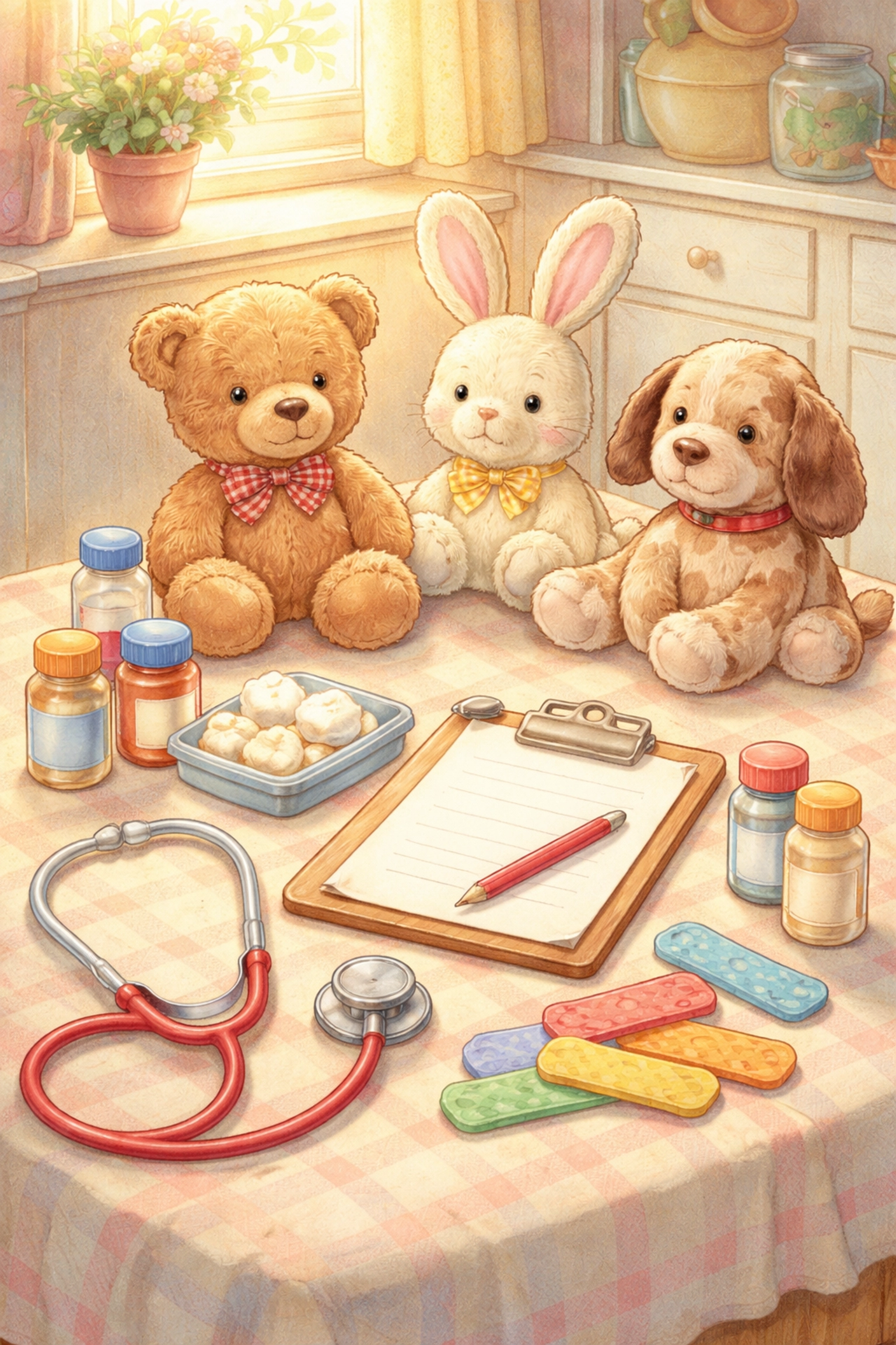 A cozy table with stuffed animals and toy medical supplies, perfect for a kids' pretend vet clinic setup