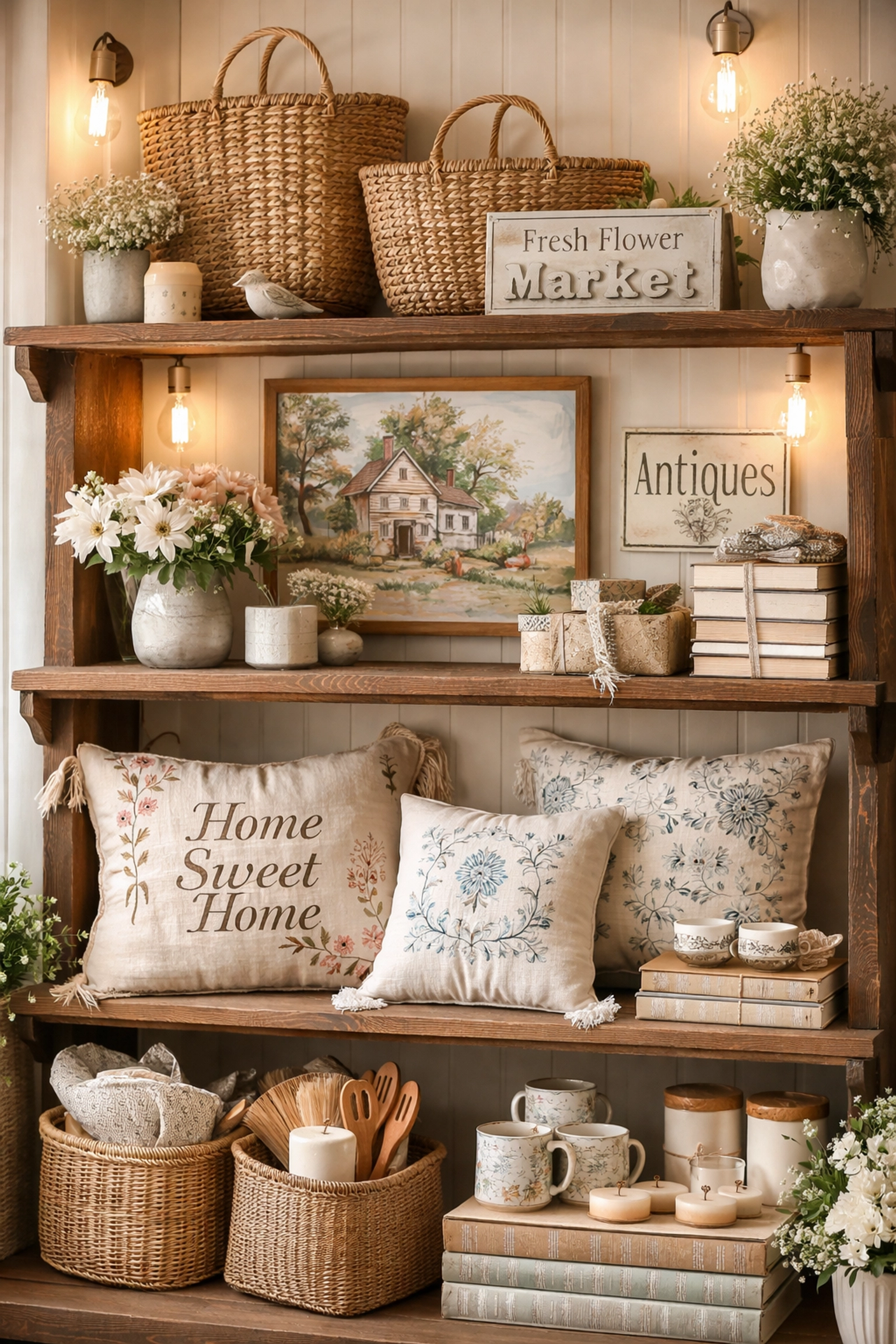 Boutique display shelf featuring woven baskets, farmhouse art, vintage tin signs, and embroidered pillows exemplifying grandmillennial décor.