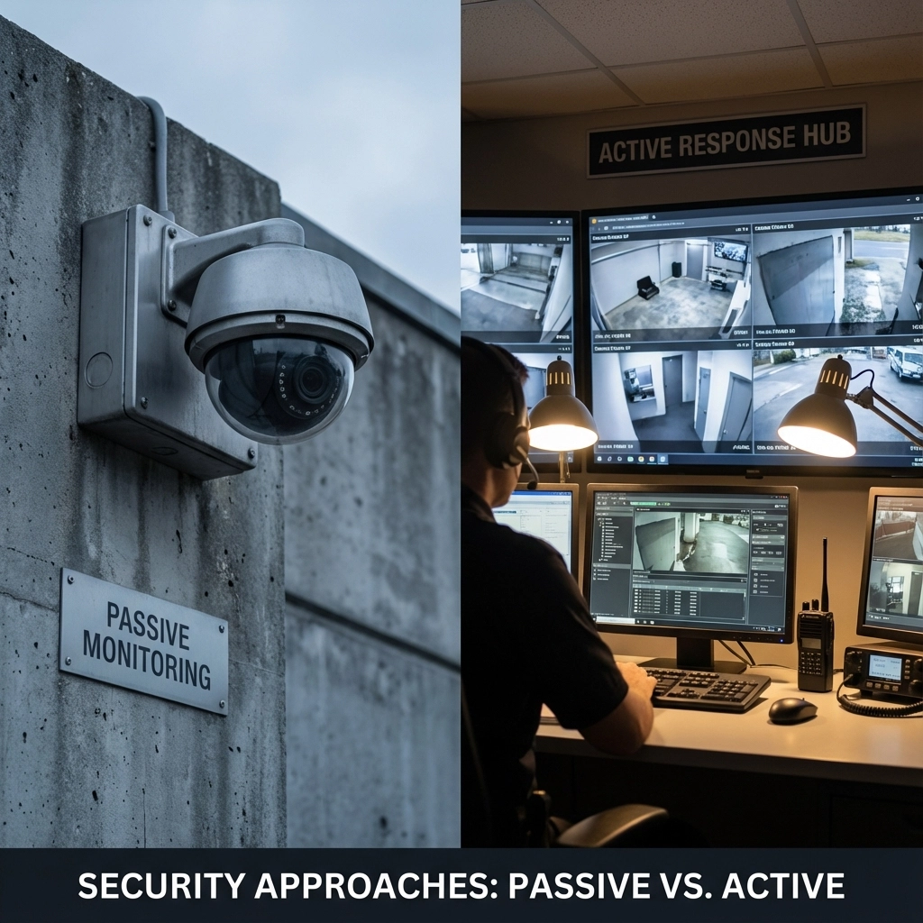 Wide view comparison of passive fixed cameras vs active mobile surveillance trailer on a jobsite