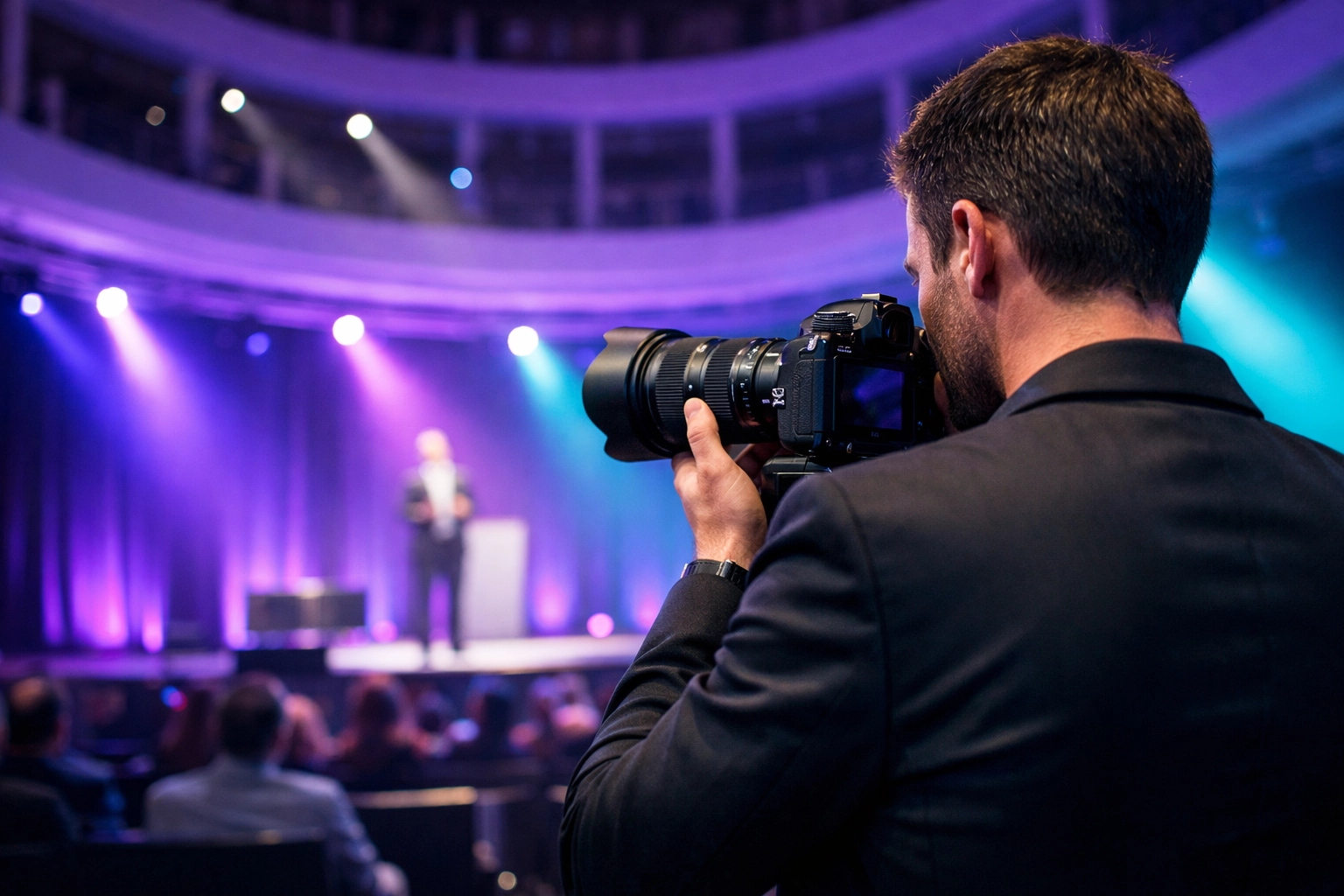 Professional Miami event photographer capturing a corporate conference at the iconic Faena Forum venue.