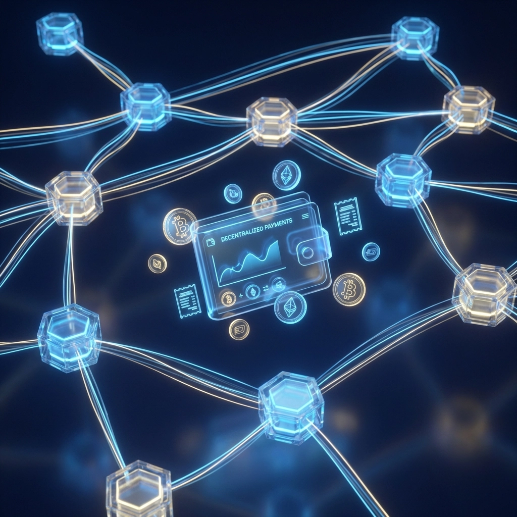 Digital wallet surrounded by blockchain streams and cryptocurrency symbols, illustrating Larecoin's innovative crypto receivables payment system.