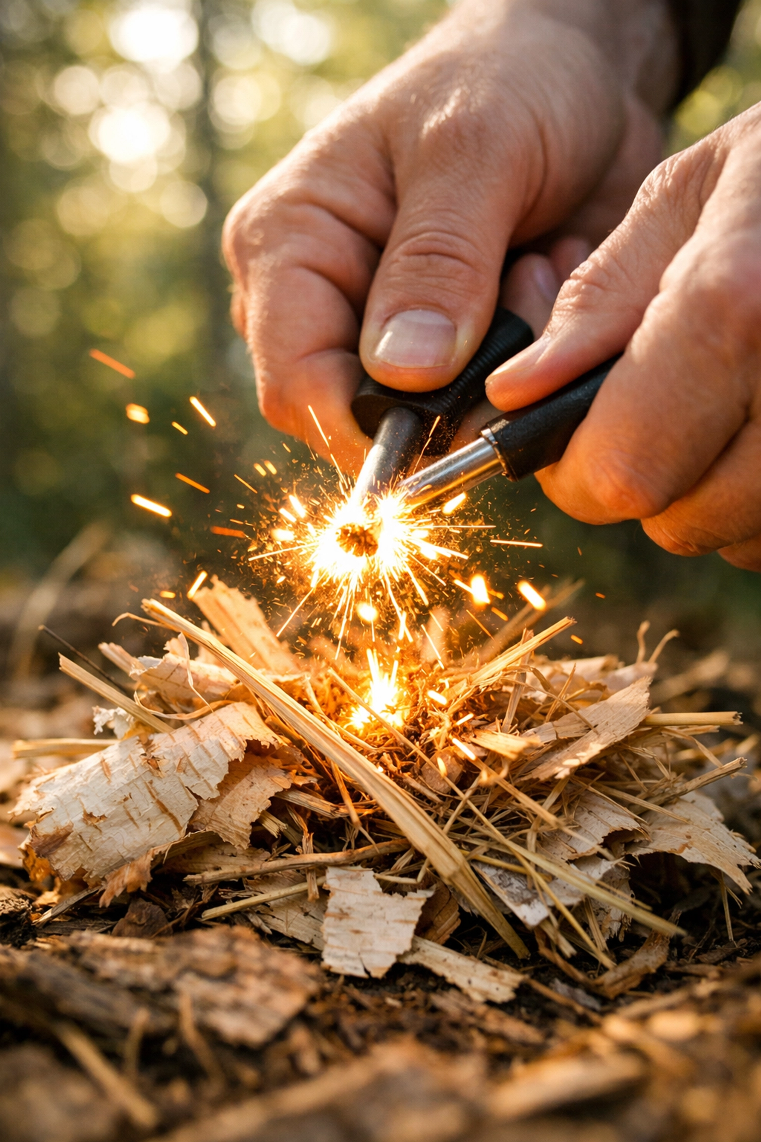 Striking a ferrocerium rod to create sparks for bushcraft fire starting in UK woodland