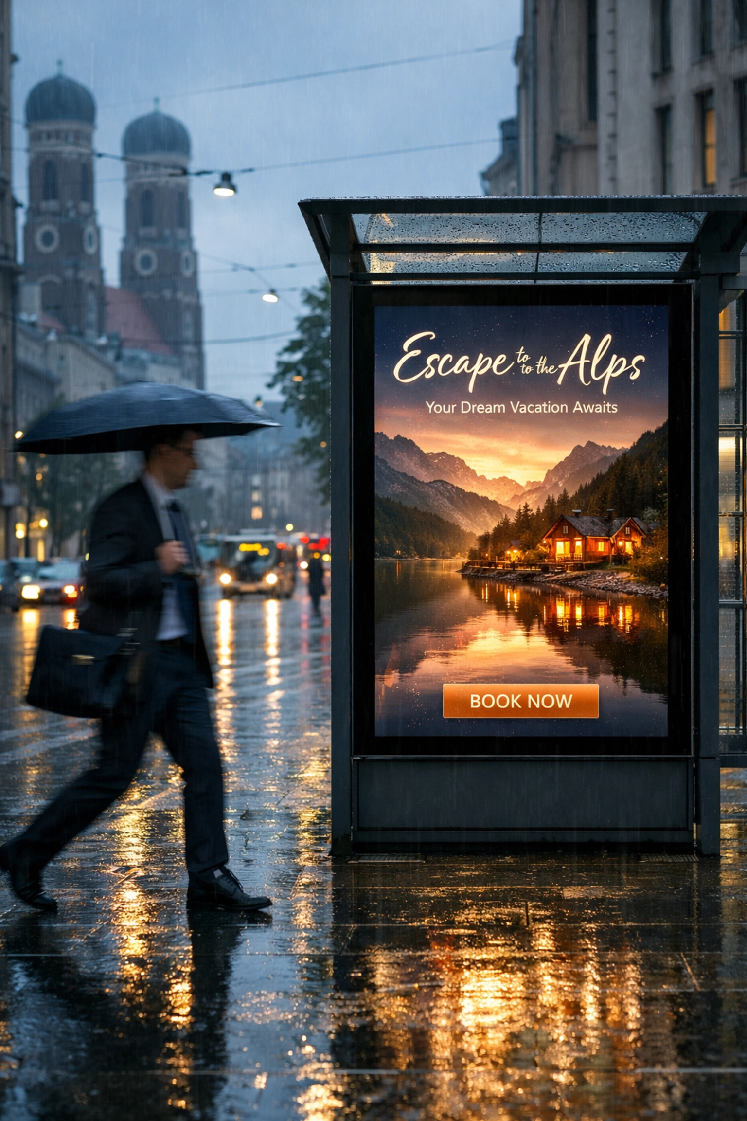 Digital transit shelter advertisement in Munich displaying targeted content during a rainy evening.