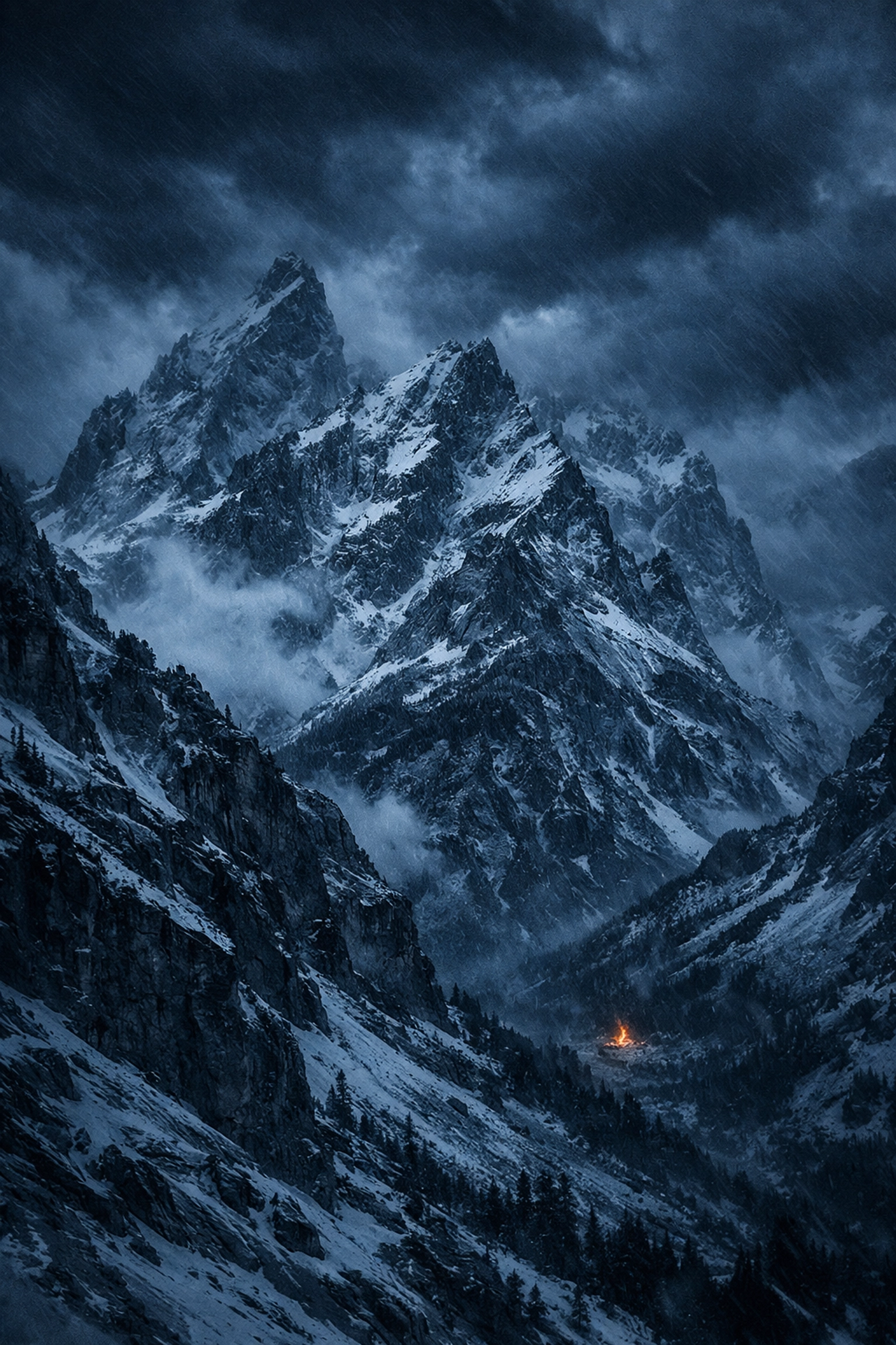 Menacing peaks in the Yellowstone wilderness under a storm sky representing rugged Western adventure terrain.