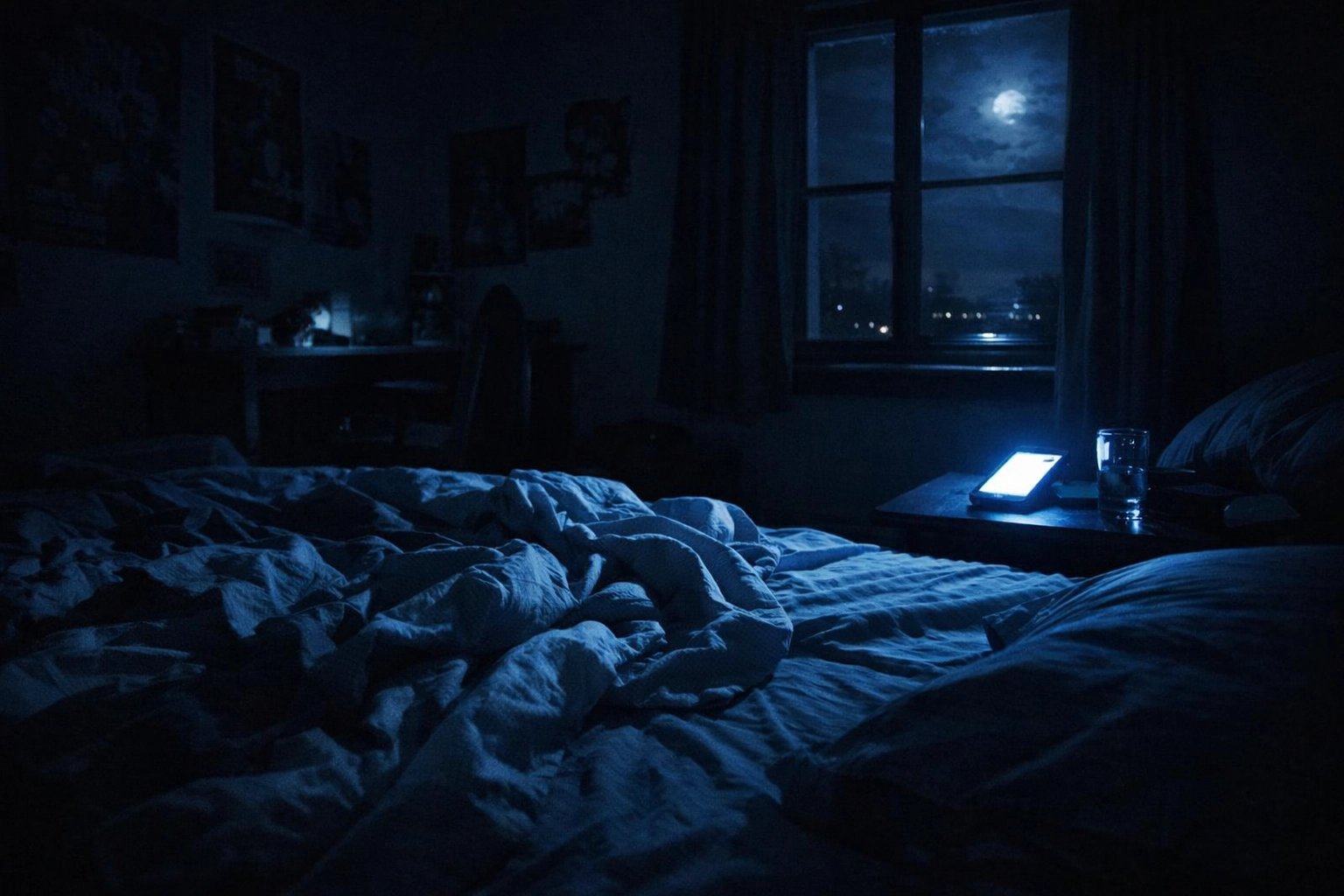 Teen bedroom at night showing phone glowing on nightstand causing sleep disturbance and anxiety
