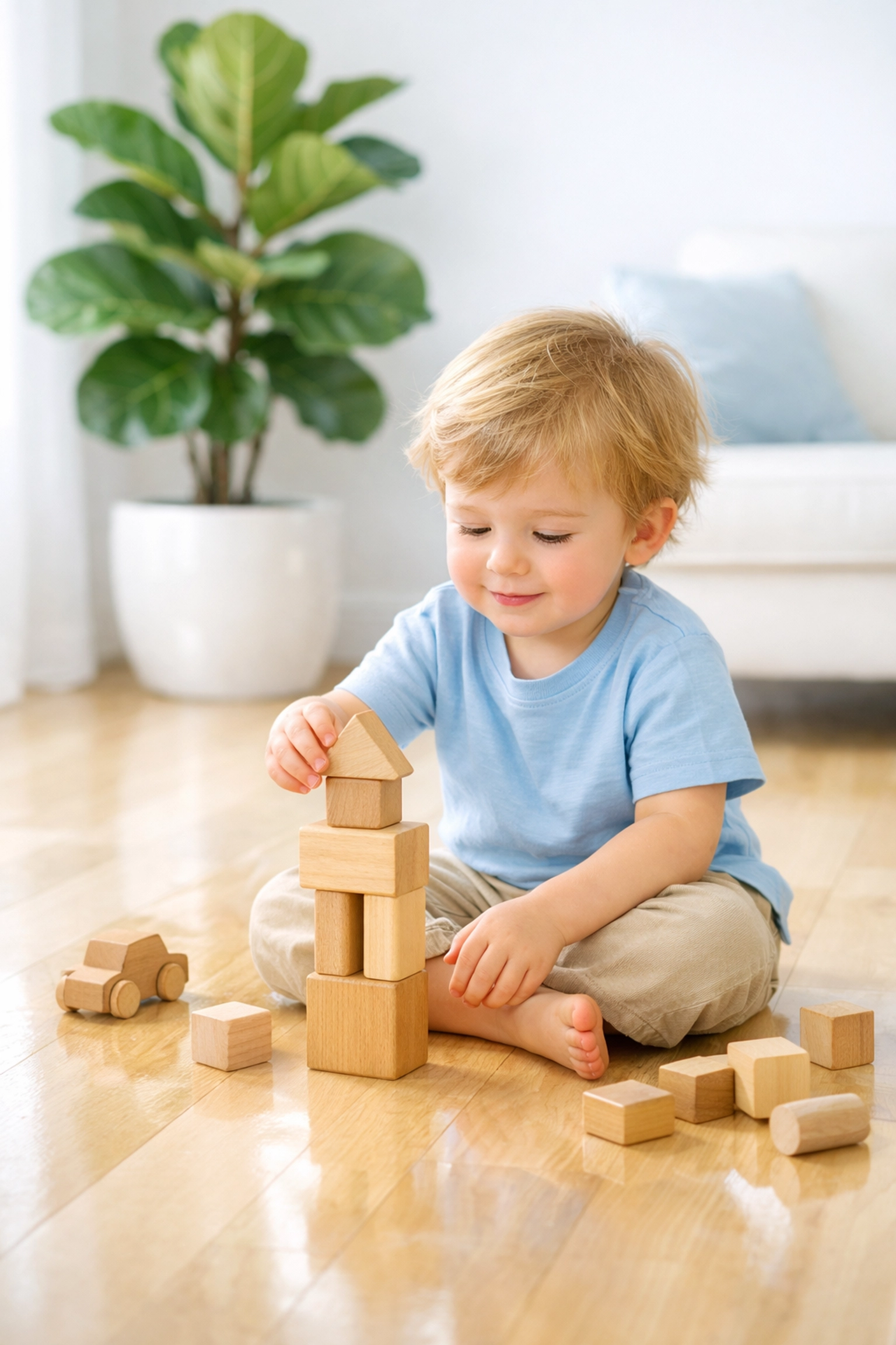 A young child plays on a sanitized wood floor, showcasing safe and clean weekly house cleaning results.