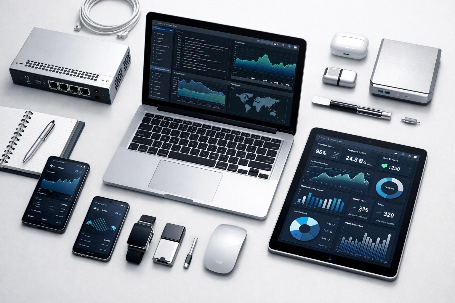 Professional workspace with ITAM and ITOM data visualizations representing ServiceNow asset management.
