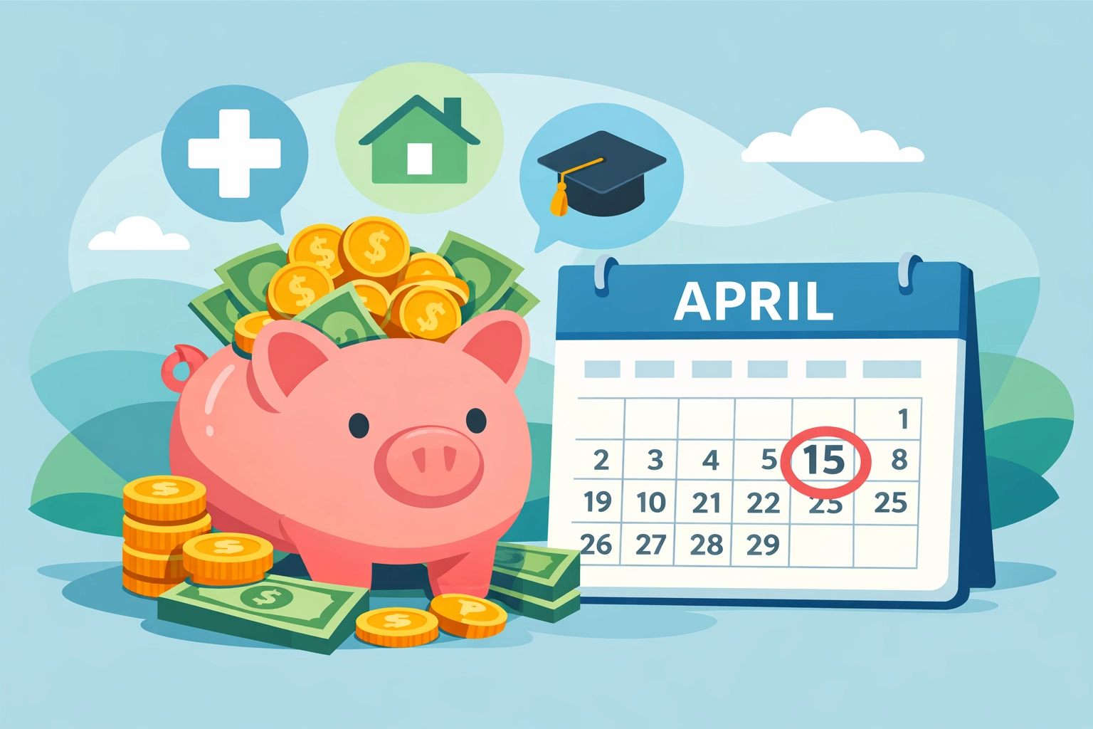 Piggy bank with calendar showing April 15 deadline for IRA and HSA contributions
