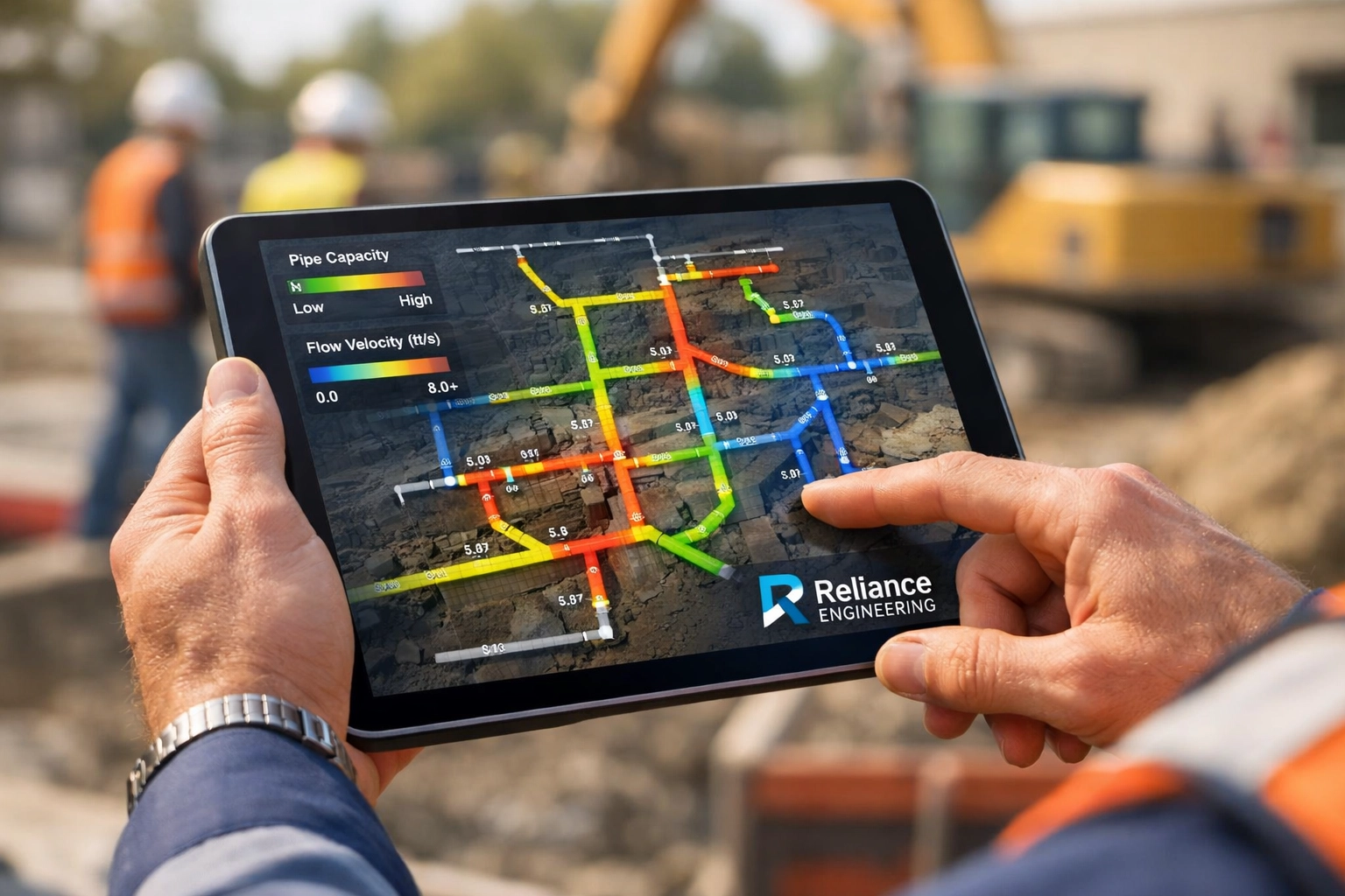 Civil engineer reviewing a hydraulic model for sewer downstream capacity analysis on a tablet.
