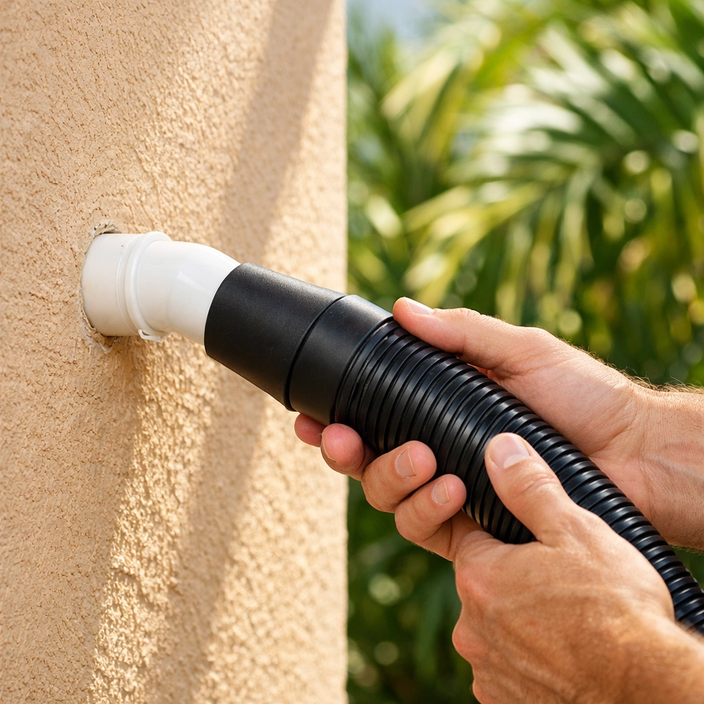 Using a vacuum to clear a clogged AC condensate drain line to prevent water leaking from the unit.