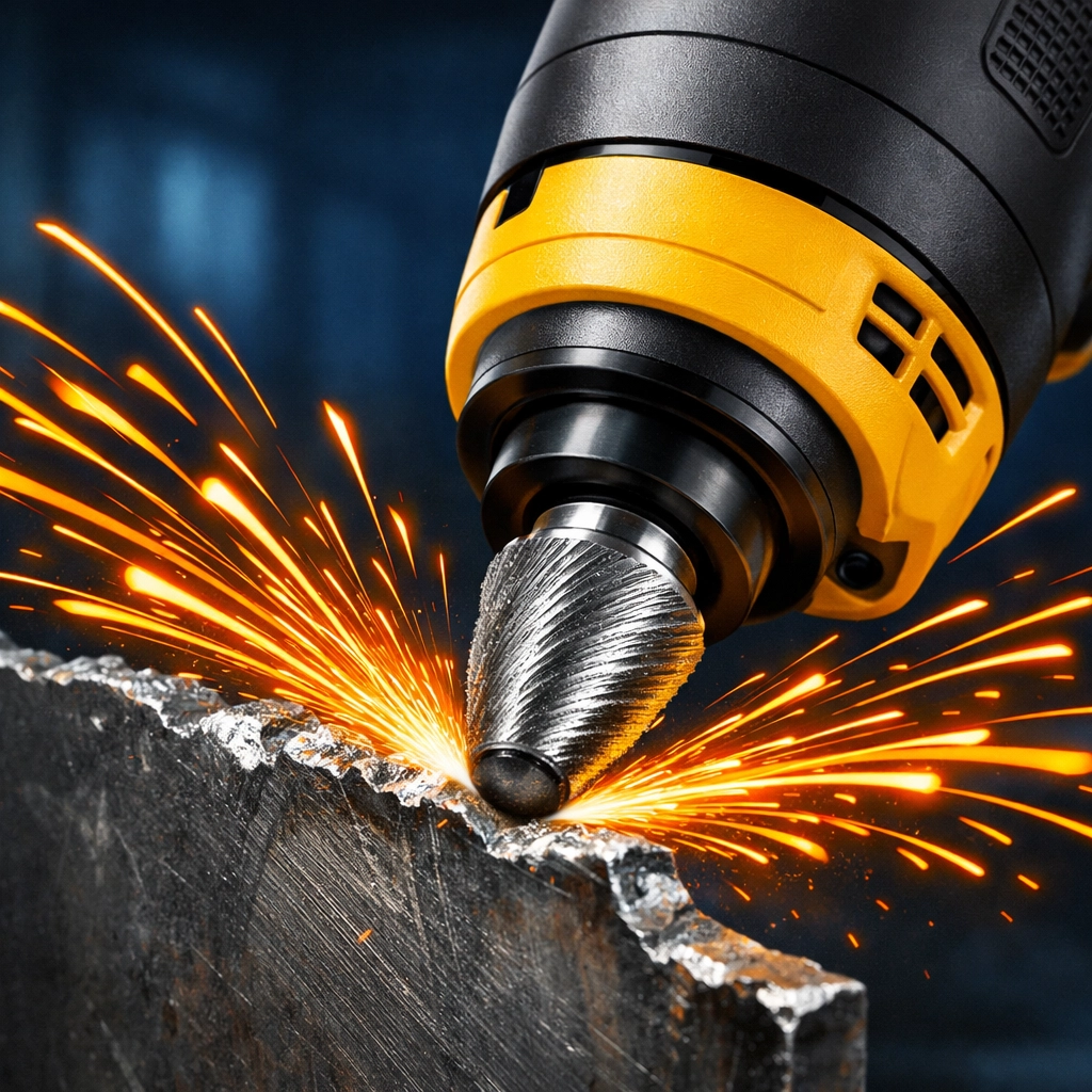 Compact die grinder smoothing metal with precision, part of a professional power tool selection.
