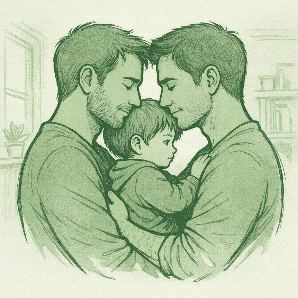 Two gay fathers holding child illustrating LGBTQ+ adoption and found family themes