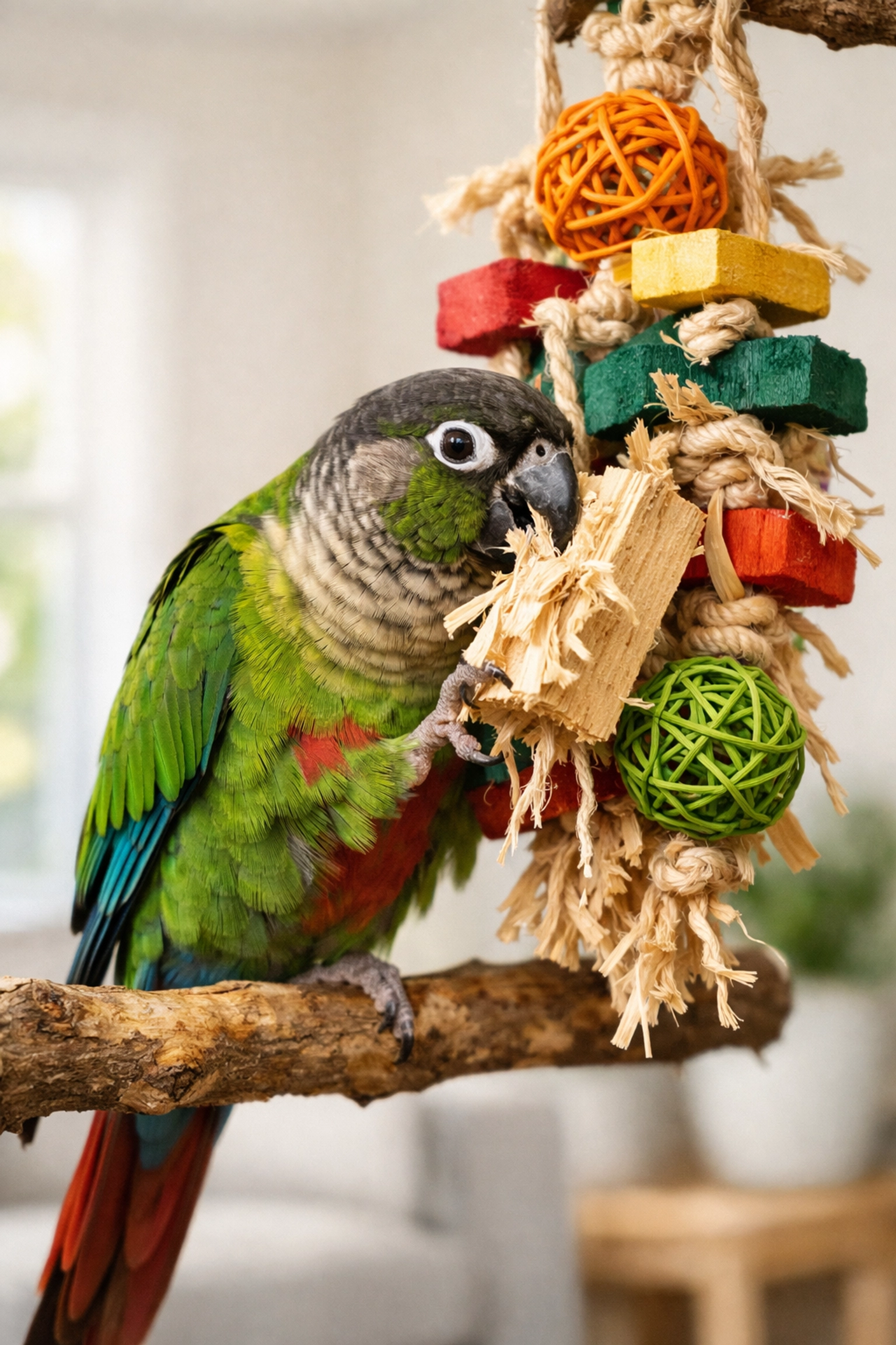 Green-cheeked Conure playing with colorful wood bird toys for mental stimulation and enrichment.