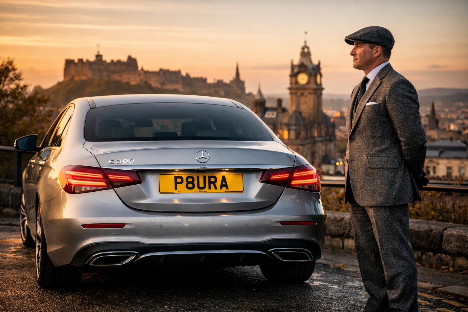 Luxury private tours Edinburgh with a silver Mercedes-Benz and professional chauffeur overlooking the city skyline.