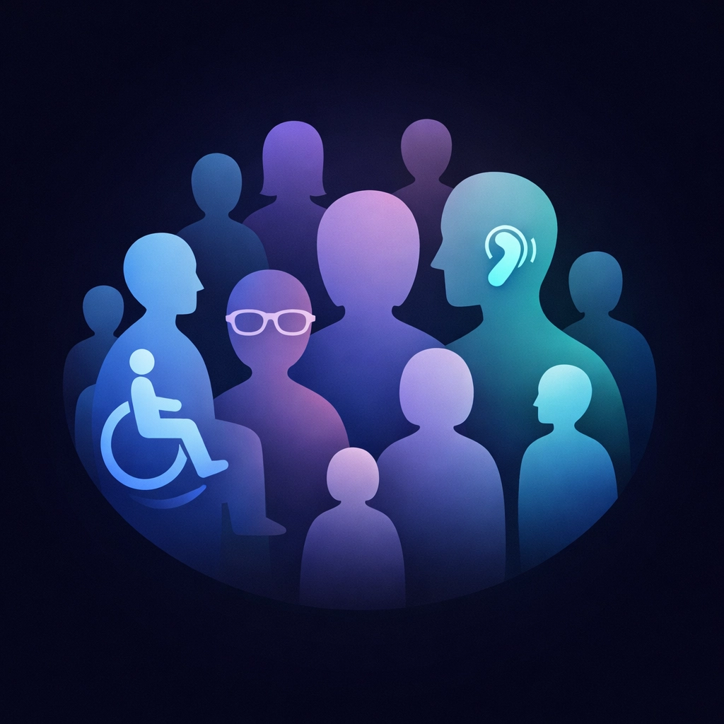 Diverse users with accessibility symbols representing inclusive website design for all