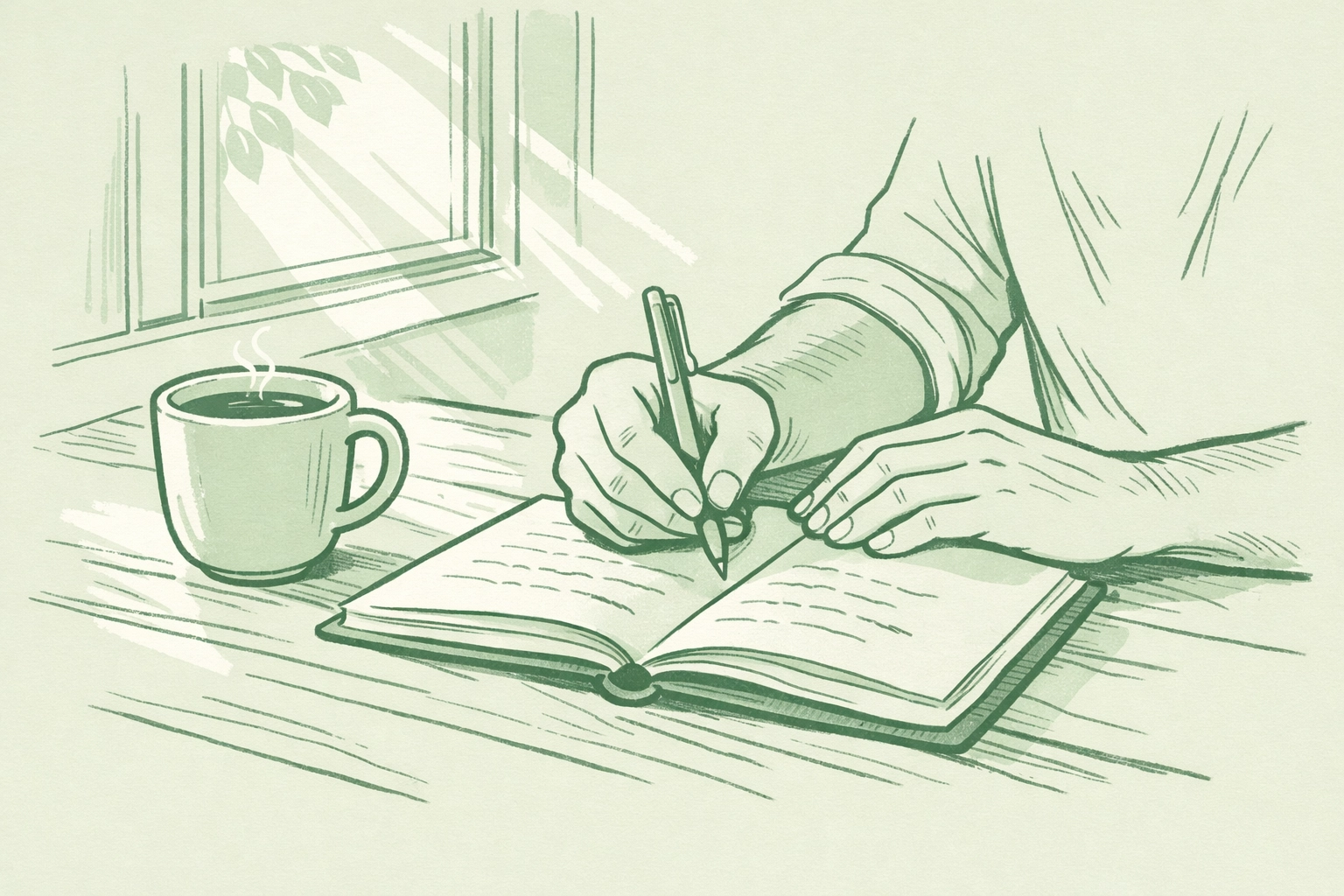 Man's hands writing in summer journal with coffee during morning reflection
