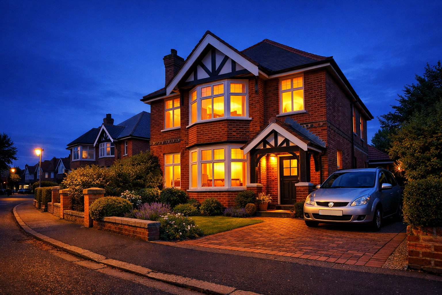 An energy-efficient Bournemouth home at twilight featuring professional electrical and security installations.