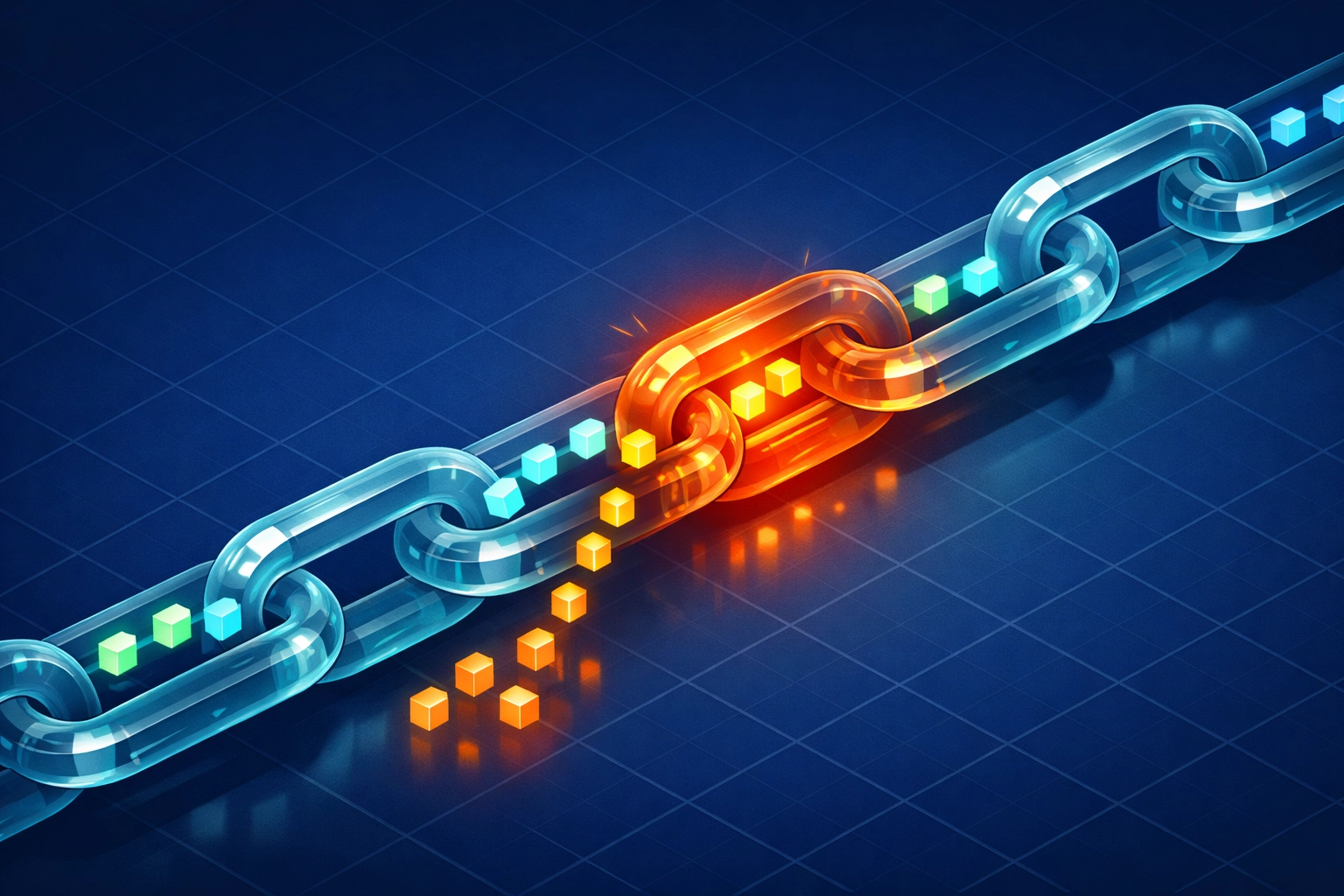 Digital representation of an AI software supply chain with a highlighted vulnerability in a code link.